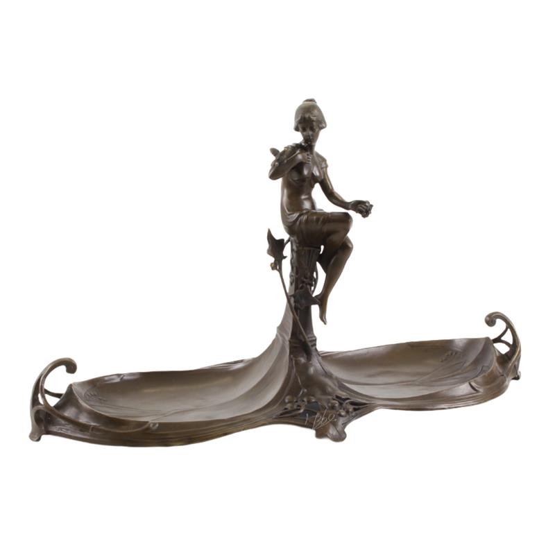 Exquisite Jugendstil Bronze Schale Dekorative Ablage mit weiblicher Figur 2
