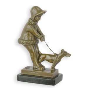 Bronzeskulptur Mädchen mit Hund Elegante Bronzefigur im Spaziergang