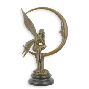 Bezaubernde Bronze Mondfee Skulptur auf Mondsichel  Einzigartige Bronzefigur
