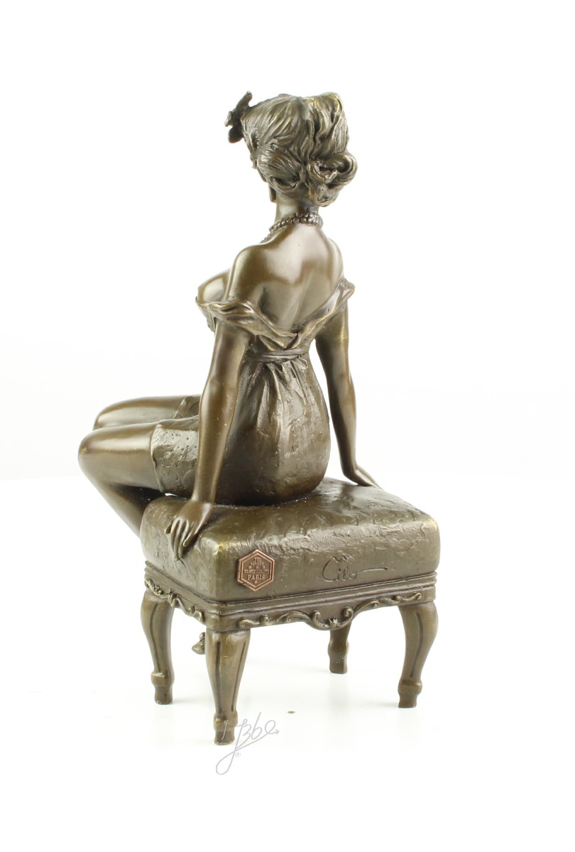 Elegante Bronze Frauenfigur Bronzeskulptur Frau auf Hocker für Ihr Zuhause 11