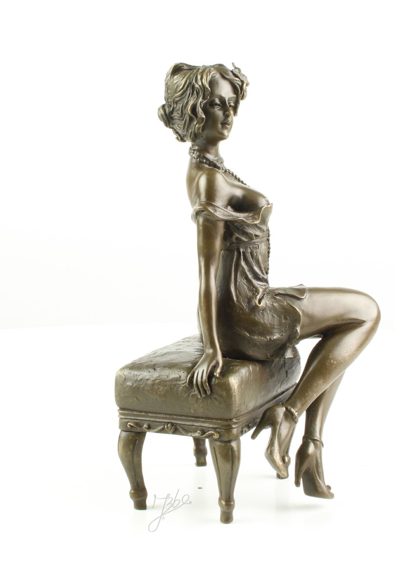 Elegante Bronze Frauenfigur Bronzeskulptur Frau auf Hocker für Ihr Zuhause 15