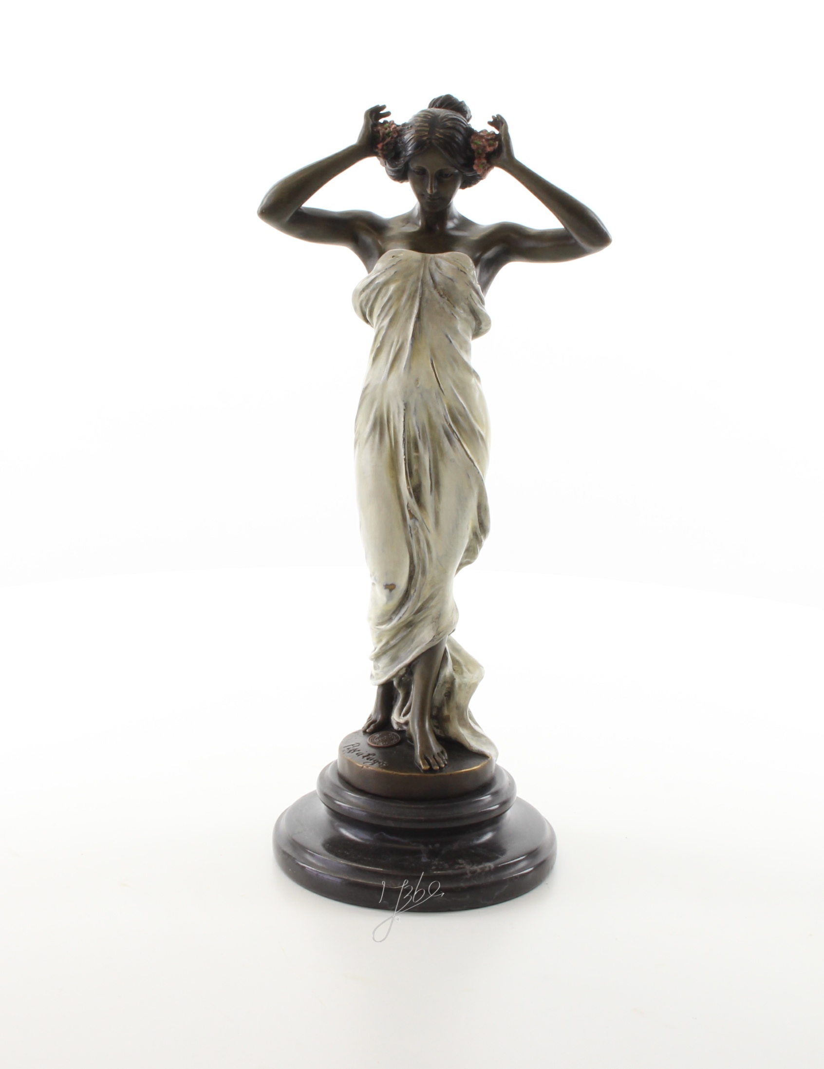 Exquisite Bronze Nymphenfigur Tanzende Frau mit Blumenskulptur 3