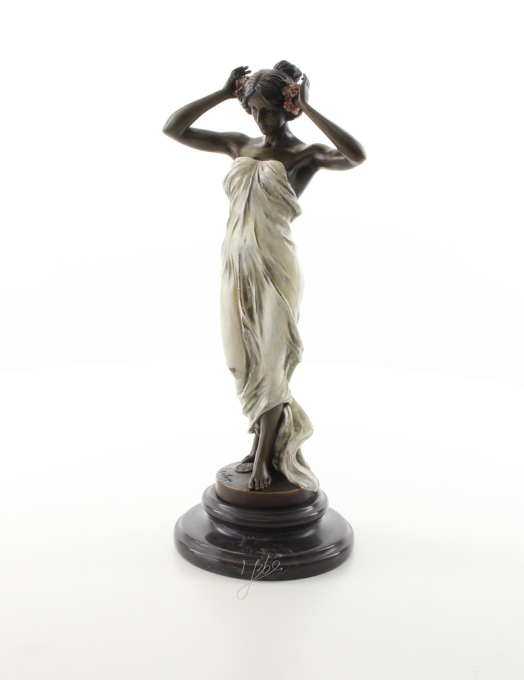 Exquisite Bronze Nymphenfigur Tanzende Frau mit Blumenskulptur 11