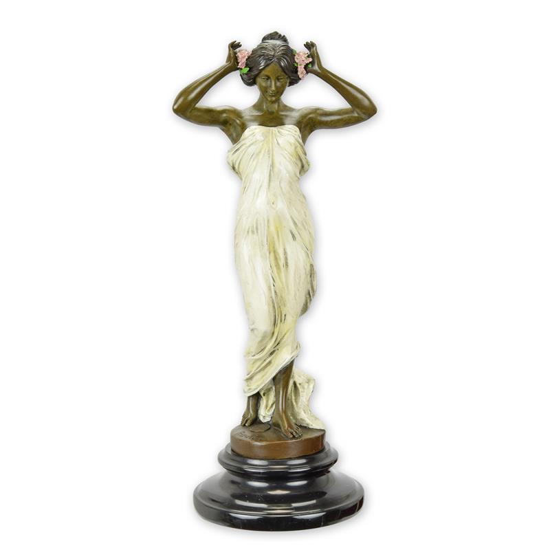 Exquisite Bronze Nymphenfigur Tanzende Frau mit Blumenskulptur 2