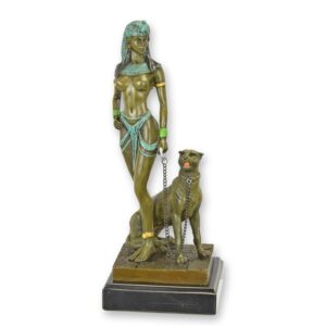 Ägyptische Bronze Cleopatra Skulptur mit Gepard  Elegante Statue