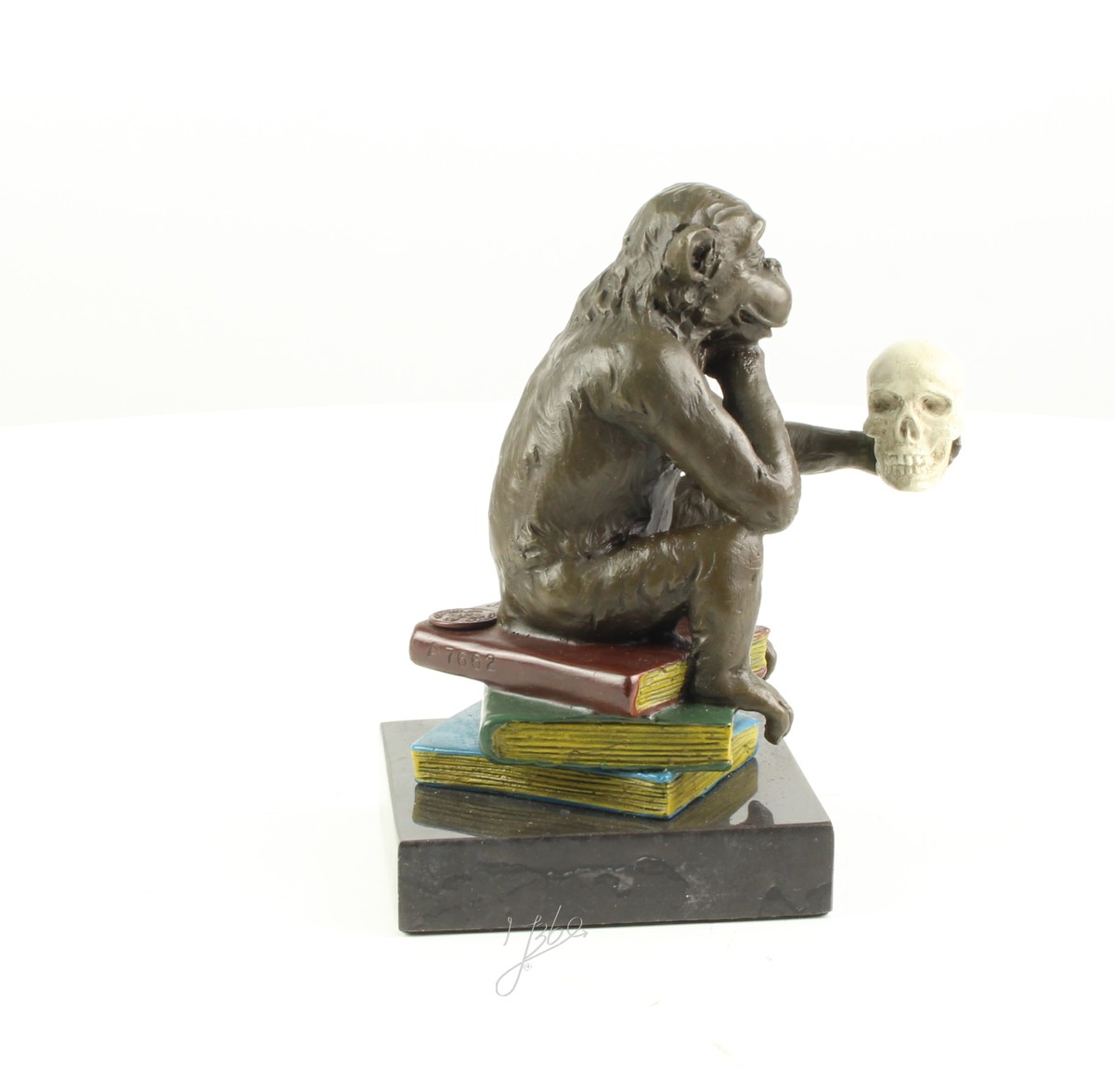Hochwertige Bronze Affenskulptur Philosophie Affe mit Schädel 13