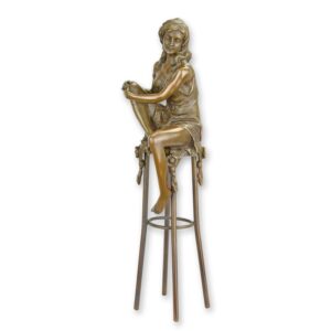 Elegante Bronze Damenfigur Skulptur einer Frau auf Barhocker