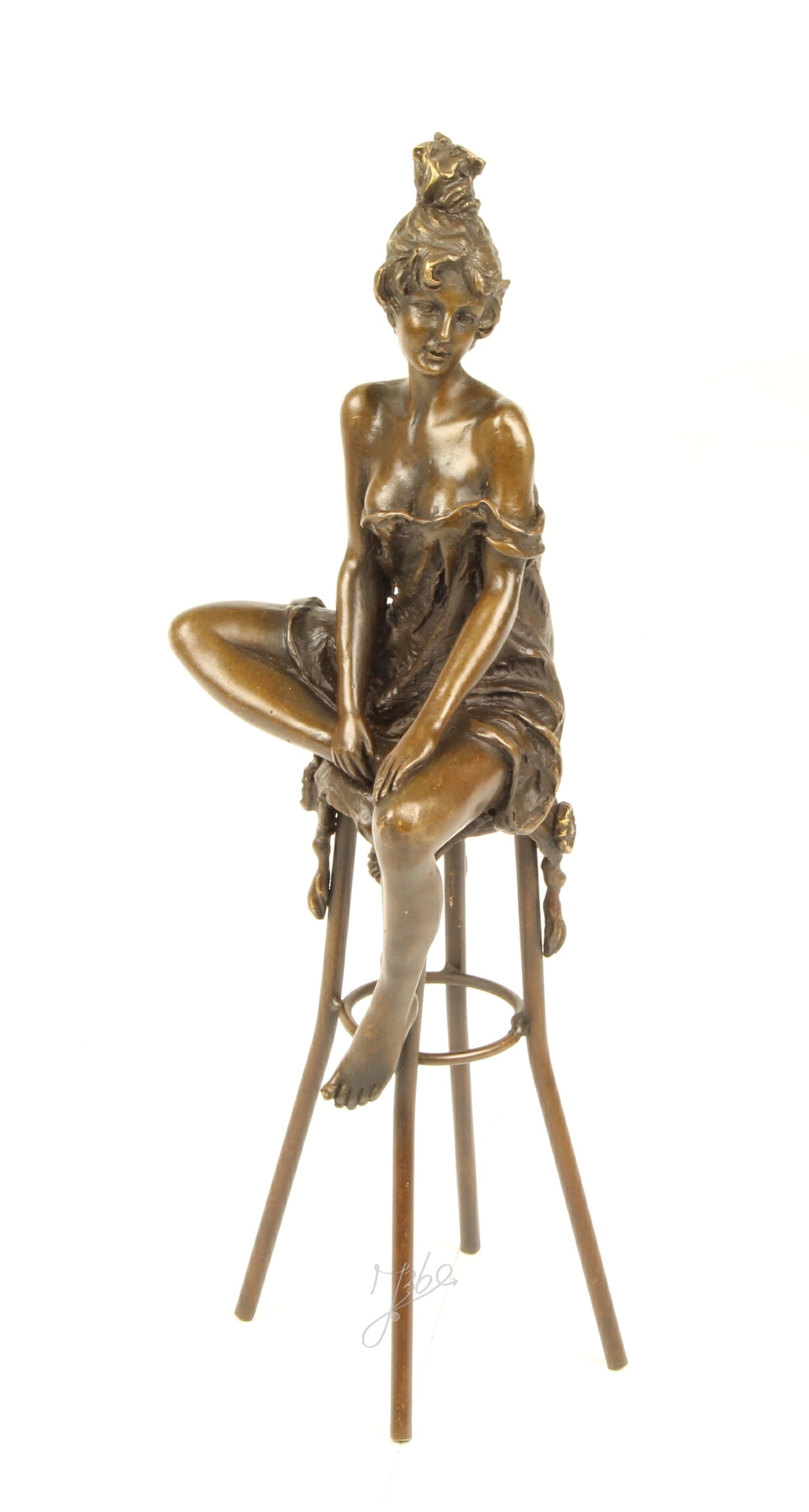 Elegante Bronze Damenstatue Skulptur einer Frau auf Hocker 3