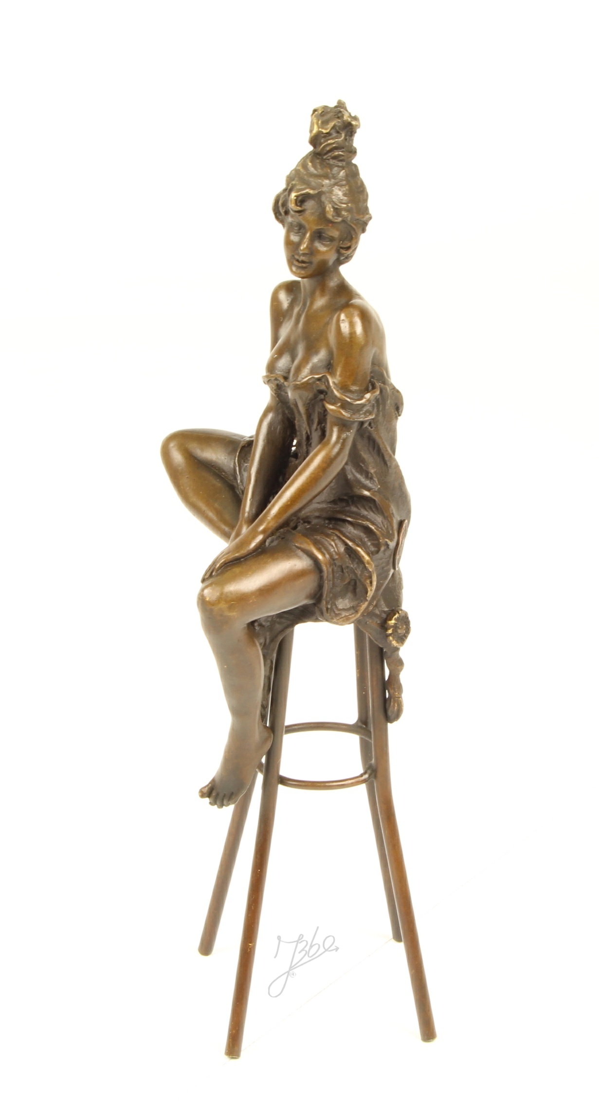 Elegante Bronze Damenstatue Skulptur einer Frau auf Hocker 7