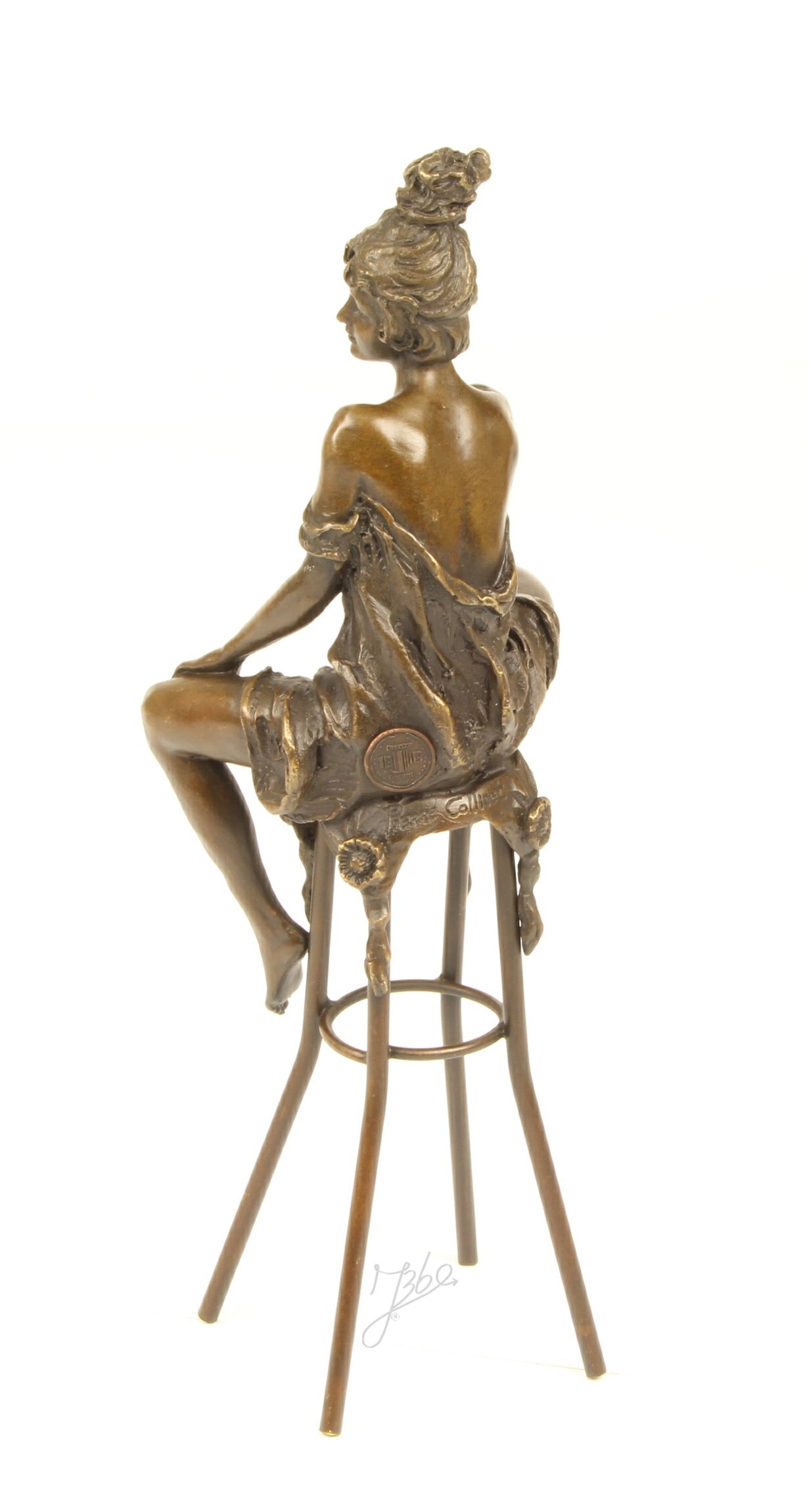 Elegante Bronze Damenstatue Skulptur einer Frau auf Hocker 5