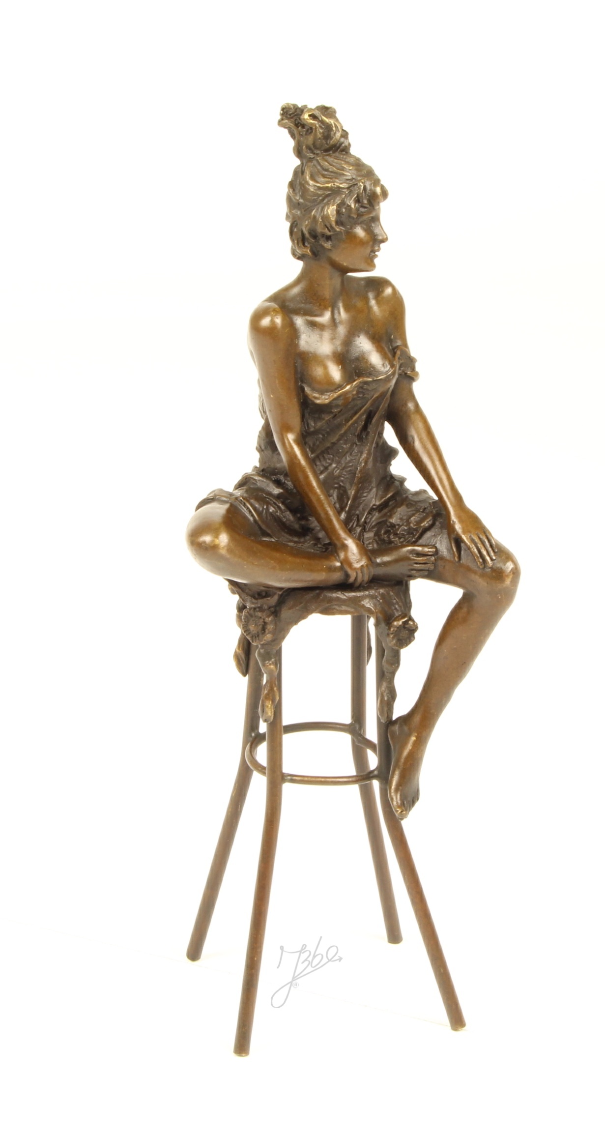 Elegante Bronze Damenstatue Skulptur einer Frau auf Hocker 14