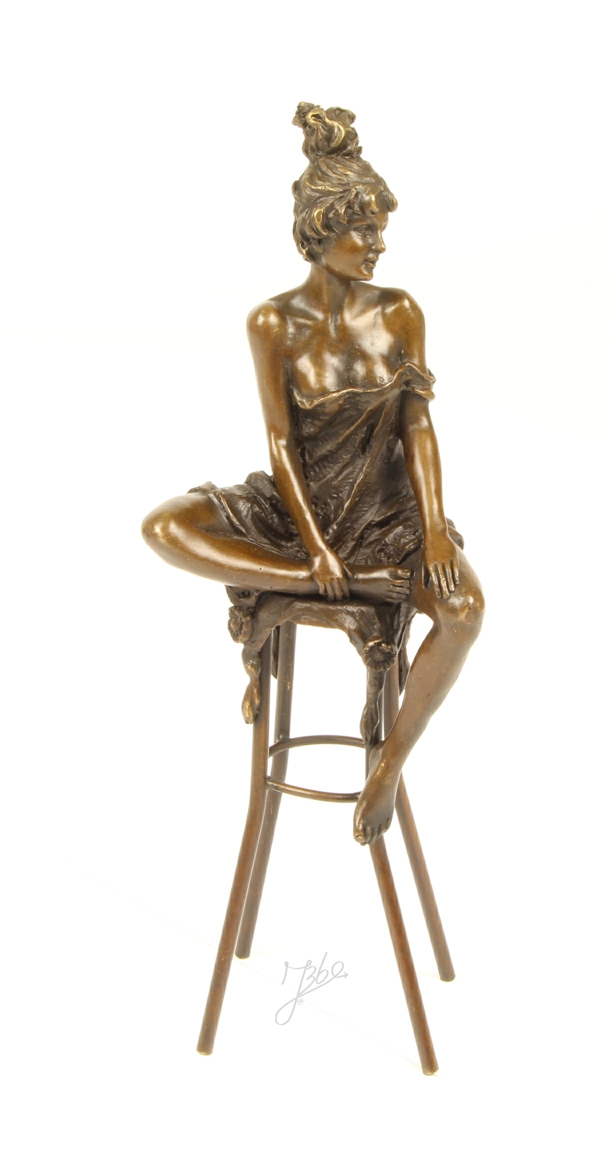 Elegante Bronze Damenstatue Skulptur einer Frau auf Hocker 15