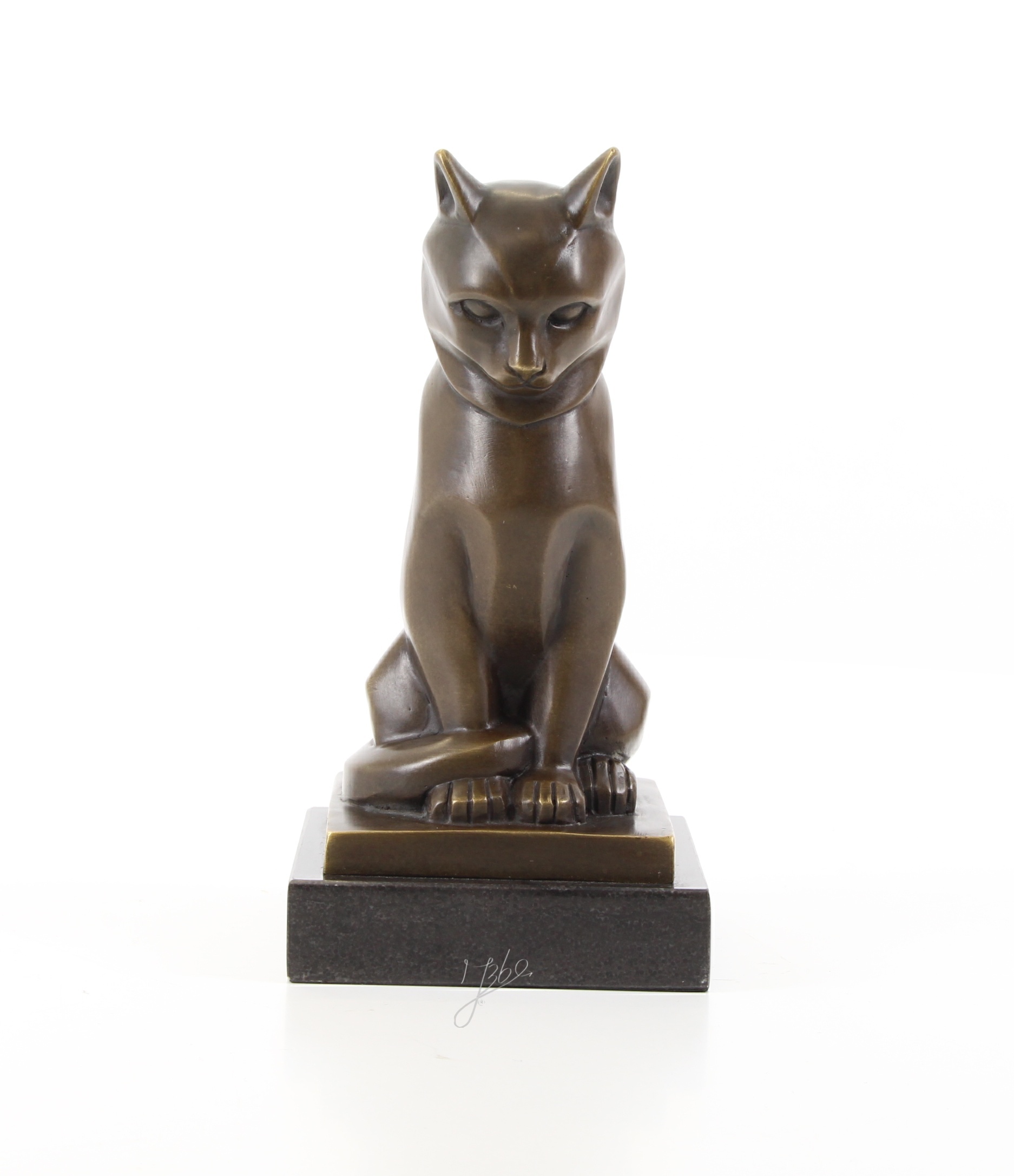 Stilisierte Bronze Katzenskulptur Elegante Katzenfigur auf Sockel 3