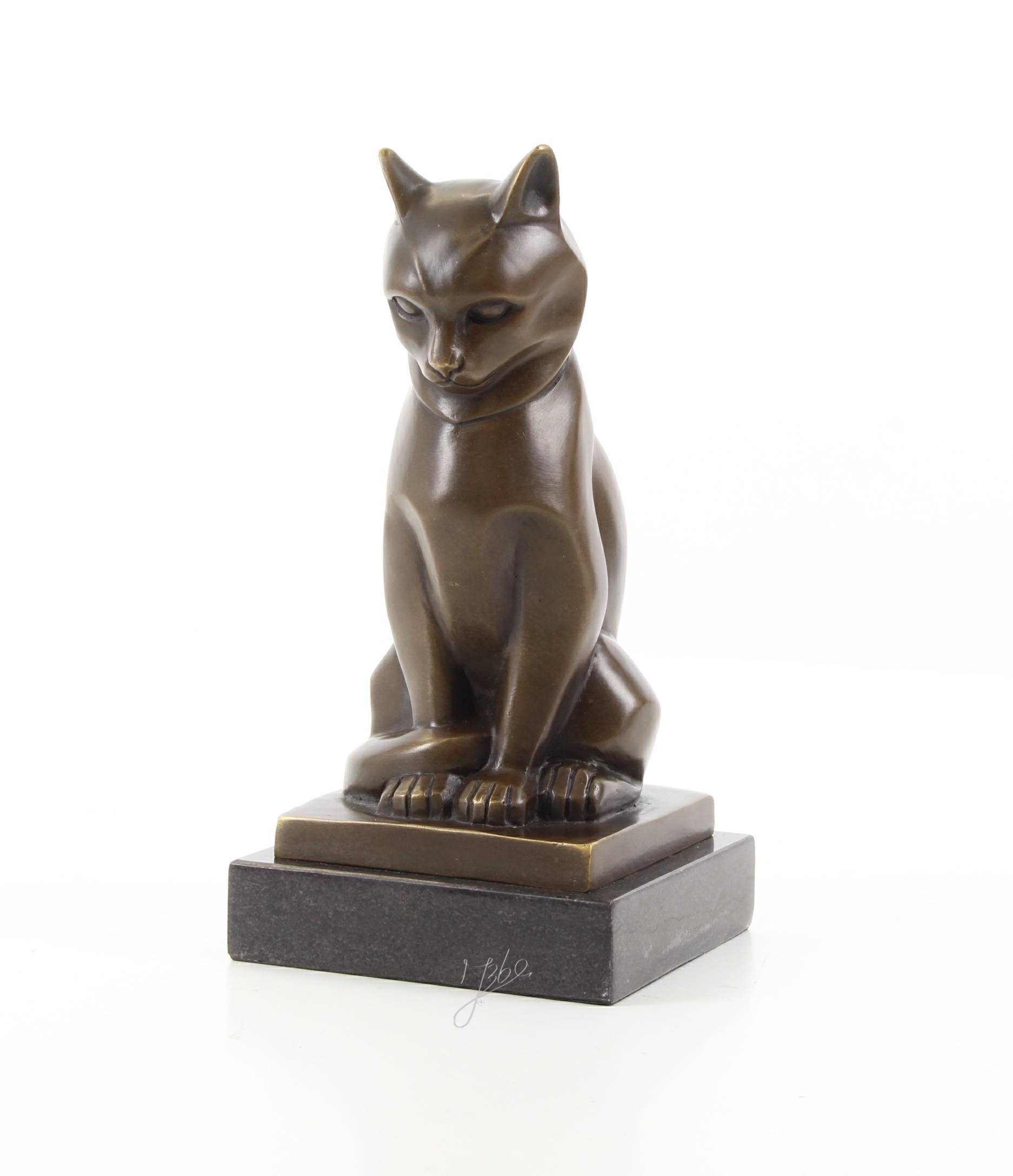 Stilisierte Bronze Katzenskulptur Elegante Katzenfigur auf Sockel 4