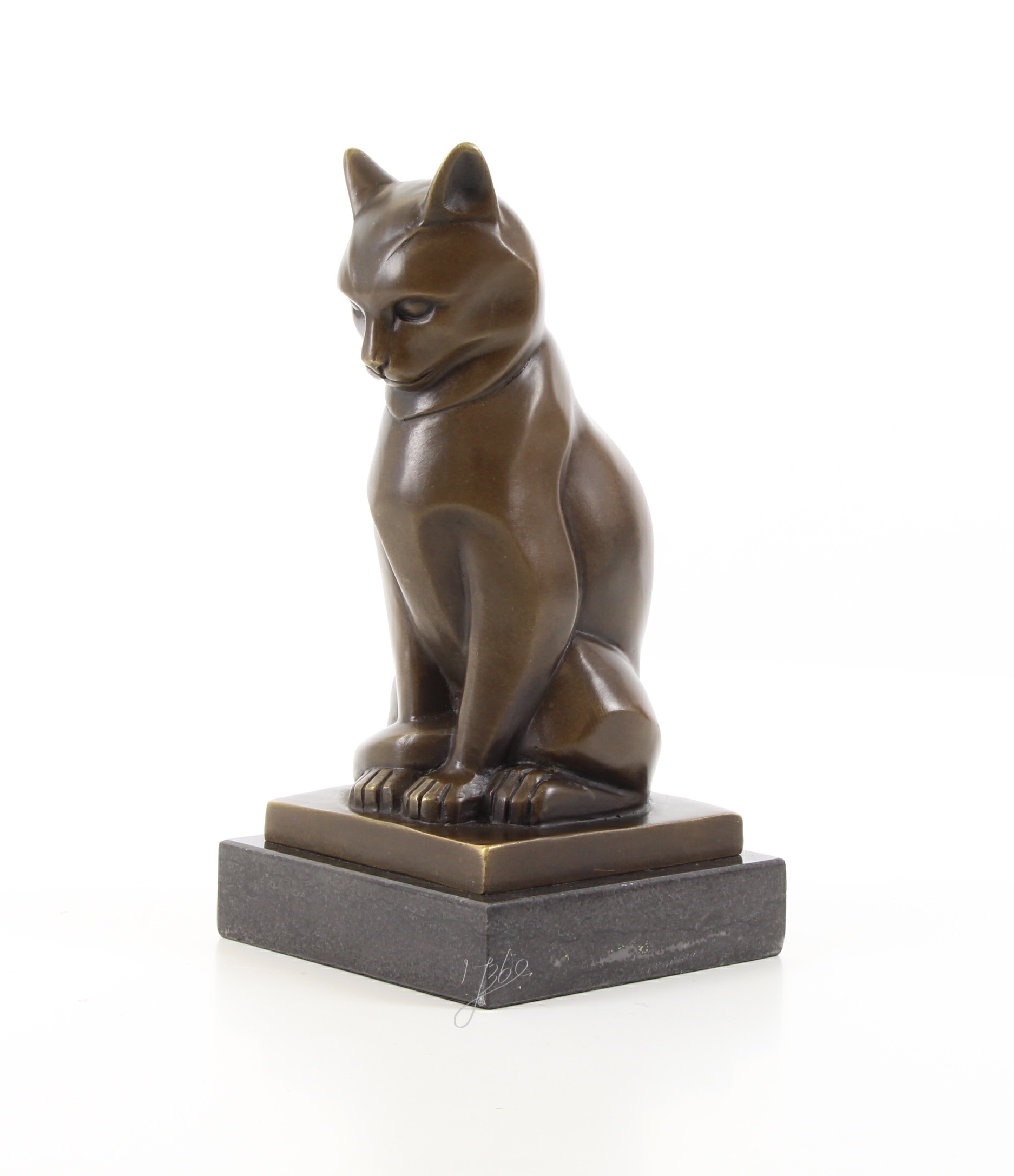 Stilisierte Bronze Katzenskulptur Elegante Katzenfigur auf Sockel 8