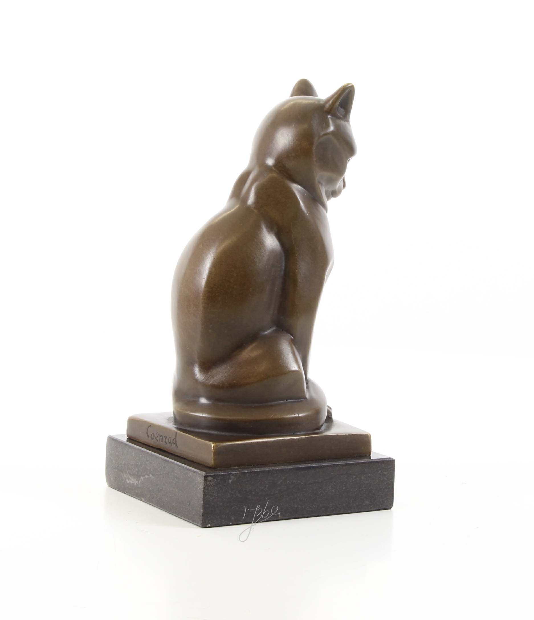 Stilisierte Bronze Katzenskulptur Elegante Katzenfigur auf Sockel 16