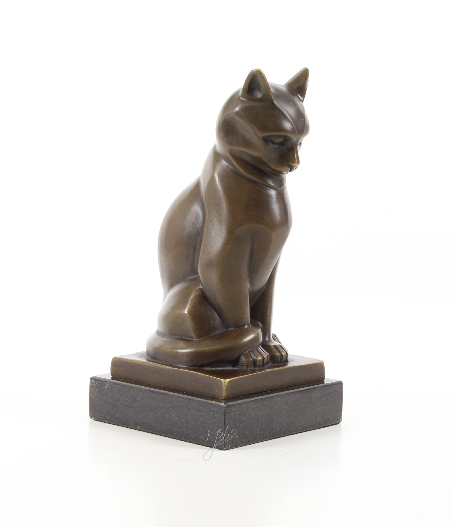 Stilisierte Bronze Katzenskulptur Elegante Katzenfigur auf Sockel 17