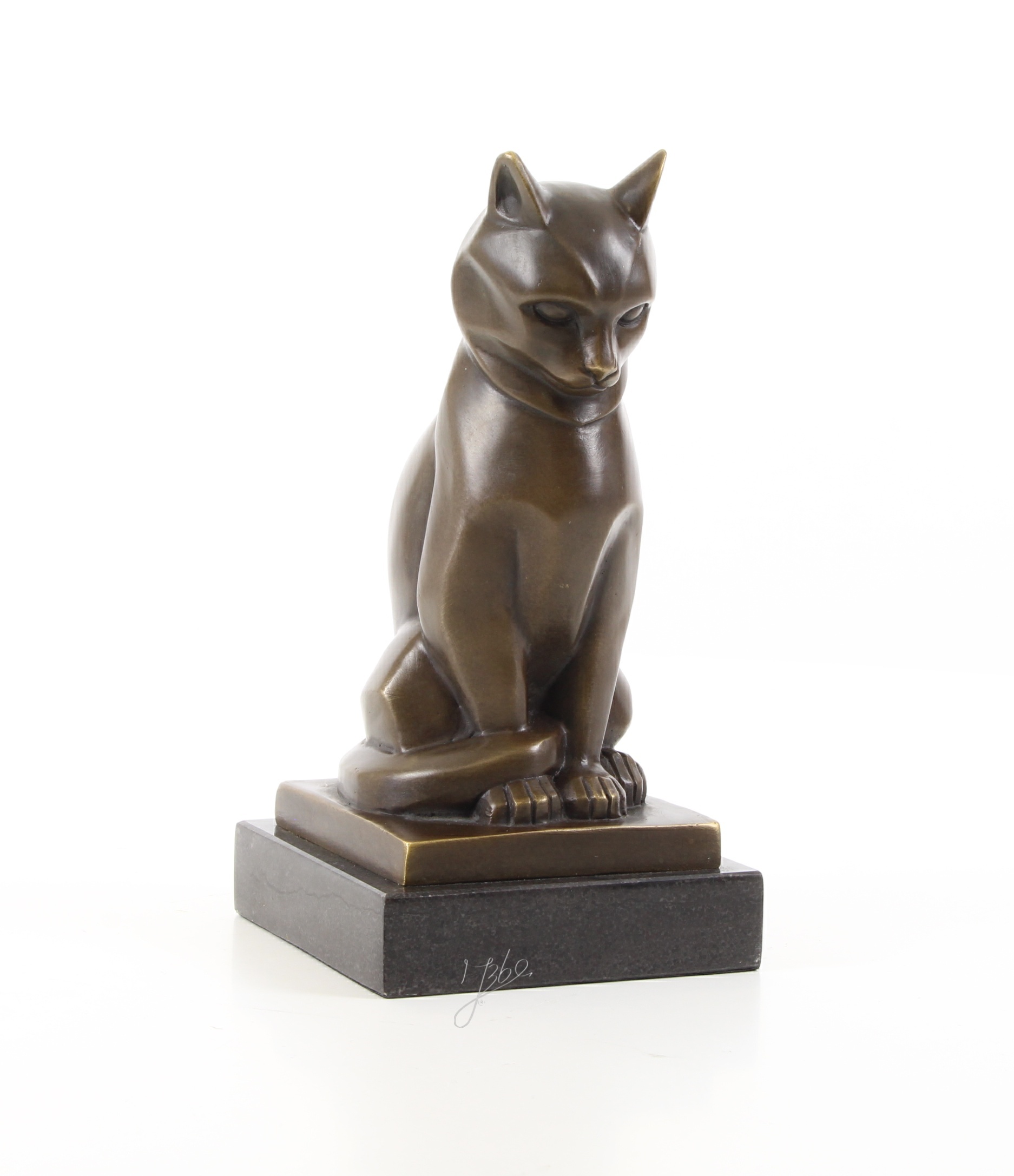 Stilisierte Bronze Katzenskulptur Elegante Katzenfigur auf Sockel 14