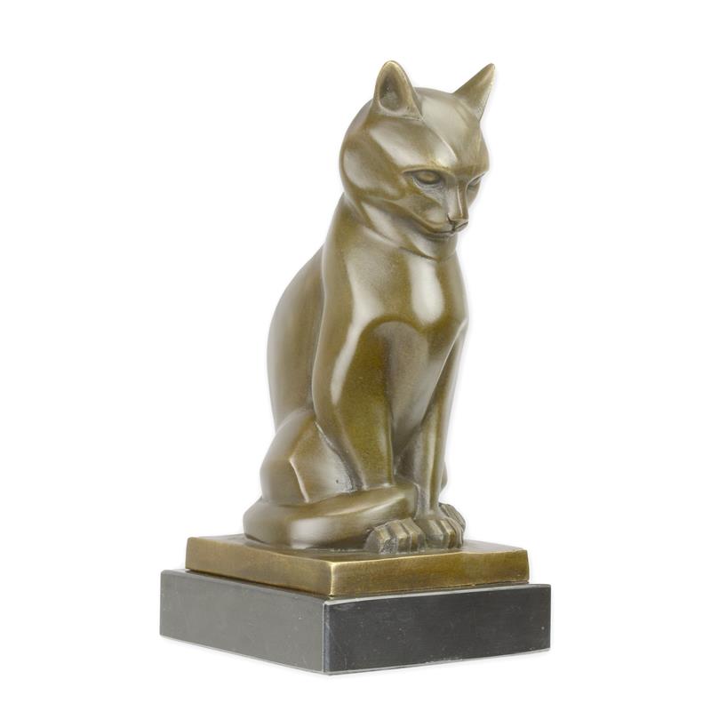 Stilisierte Bronze Katzenskulptur Elegante Katzenfigur auf Sockel 2