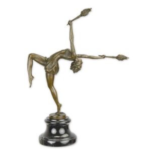 Elegante Bronze Tänzerin Skulptur  Tanzende Frau mit Fackeln