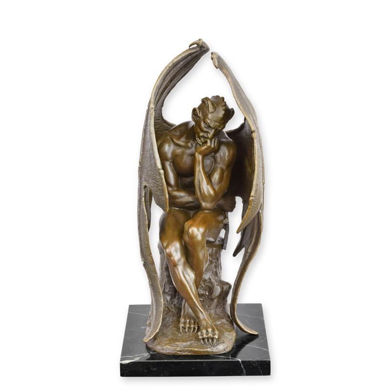 Einzigartige Bronze Dämonenskulptur Nachdenklicher Teufel auf Marmorsockel 2