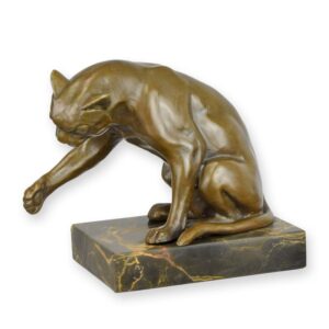 Hochwertige Bronze Katzenfigur Bronzeskulptur einer spielenden Katze auf Marmorsockel