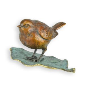 Handgefertigte BronzevogelSkulptur Einzigartige BronzeSperlingsfigur auf Blatt