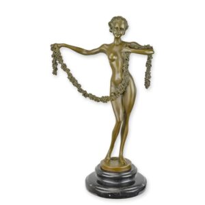 Elegante Bronze Tänzerin Skulptur mit Blumengirlande  Kunstvolle Bronzestatue