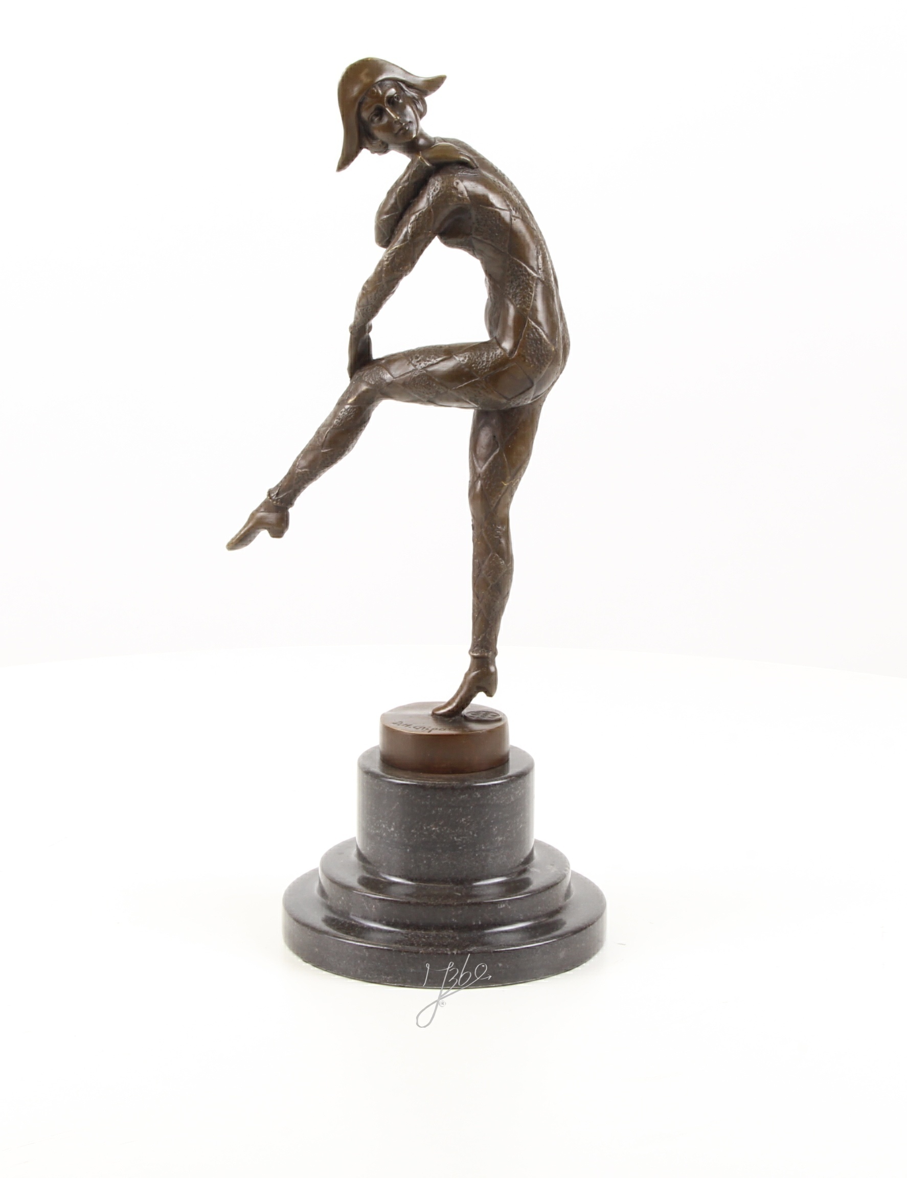 Elegante Harlekin Bronzefigur Einzigartige Bronzeskulptur auf einem Bein 3