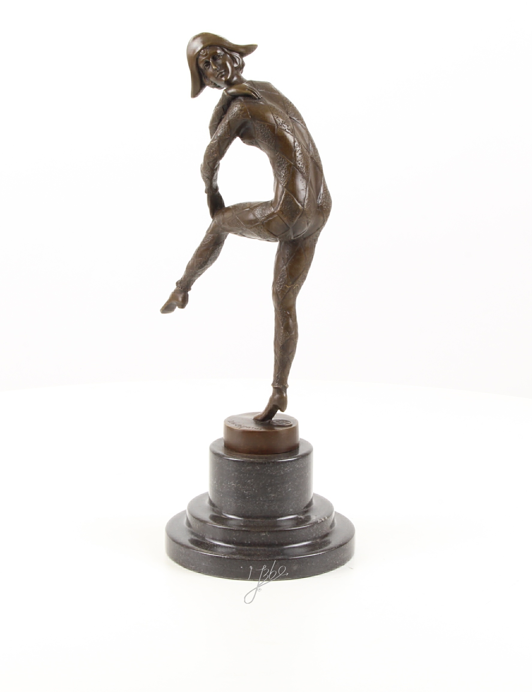 Elegante Harlekin Bronzefigur Einzigartige Bronzeskulptur auf einem Bein 4
