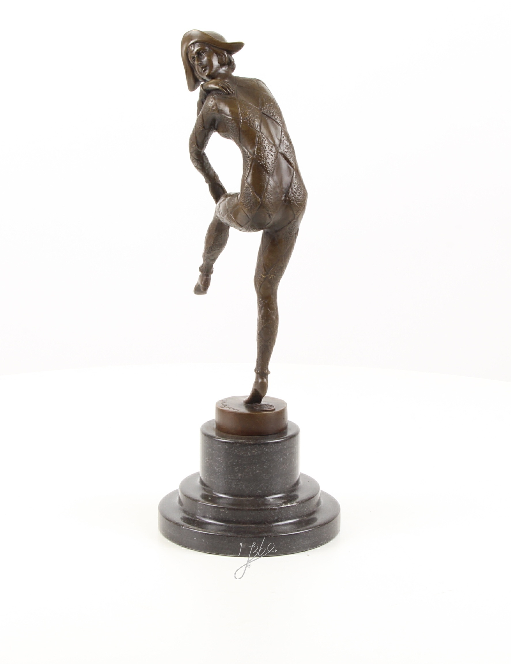 Elegante Harlekin Bronzefigur Einzigartige Bronzeskulptur auf einem Bein 5
