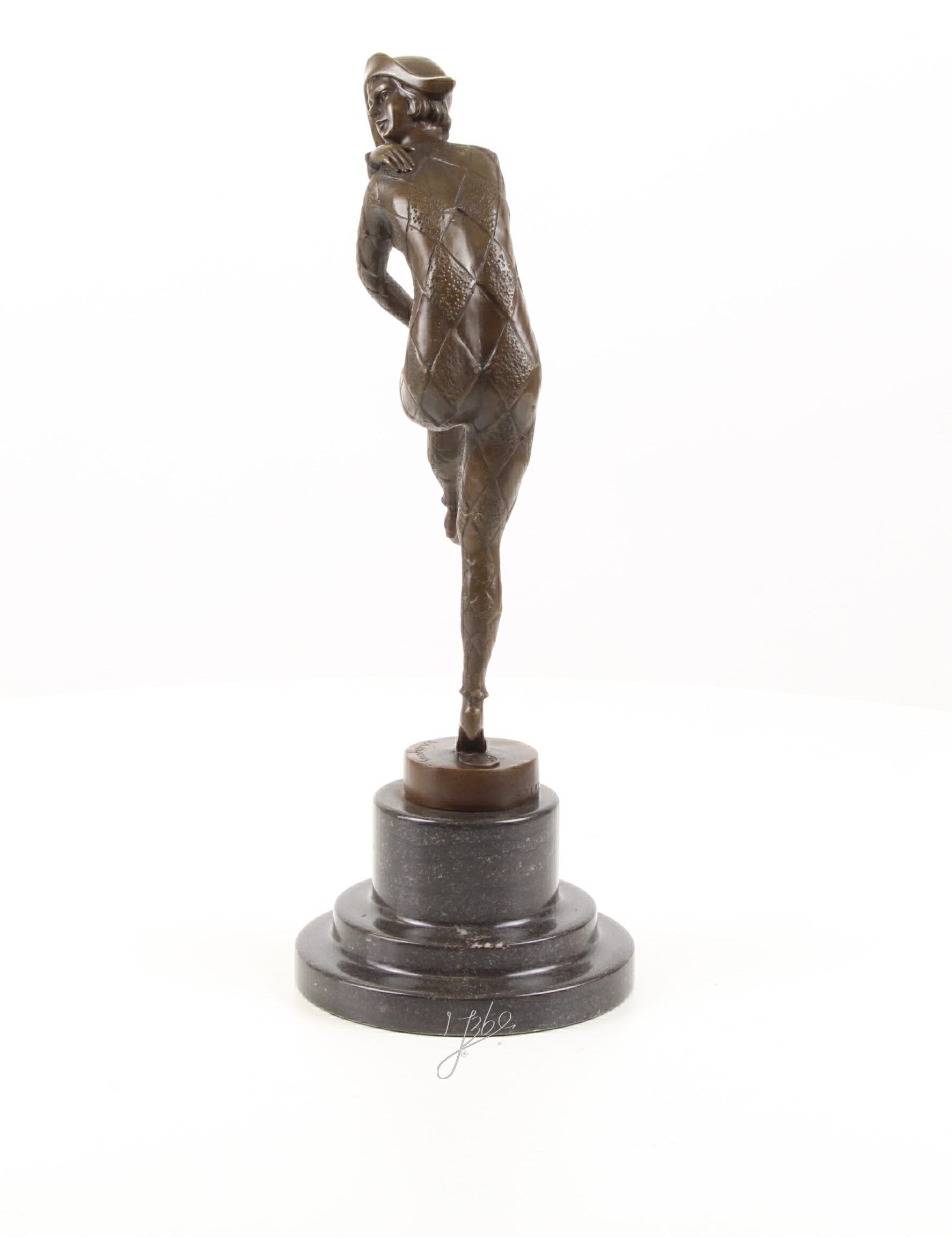 Elegante Harlekin Bronzefigur Einzigartige Bronzeskulptur auf einem Bein 11