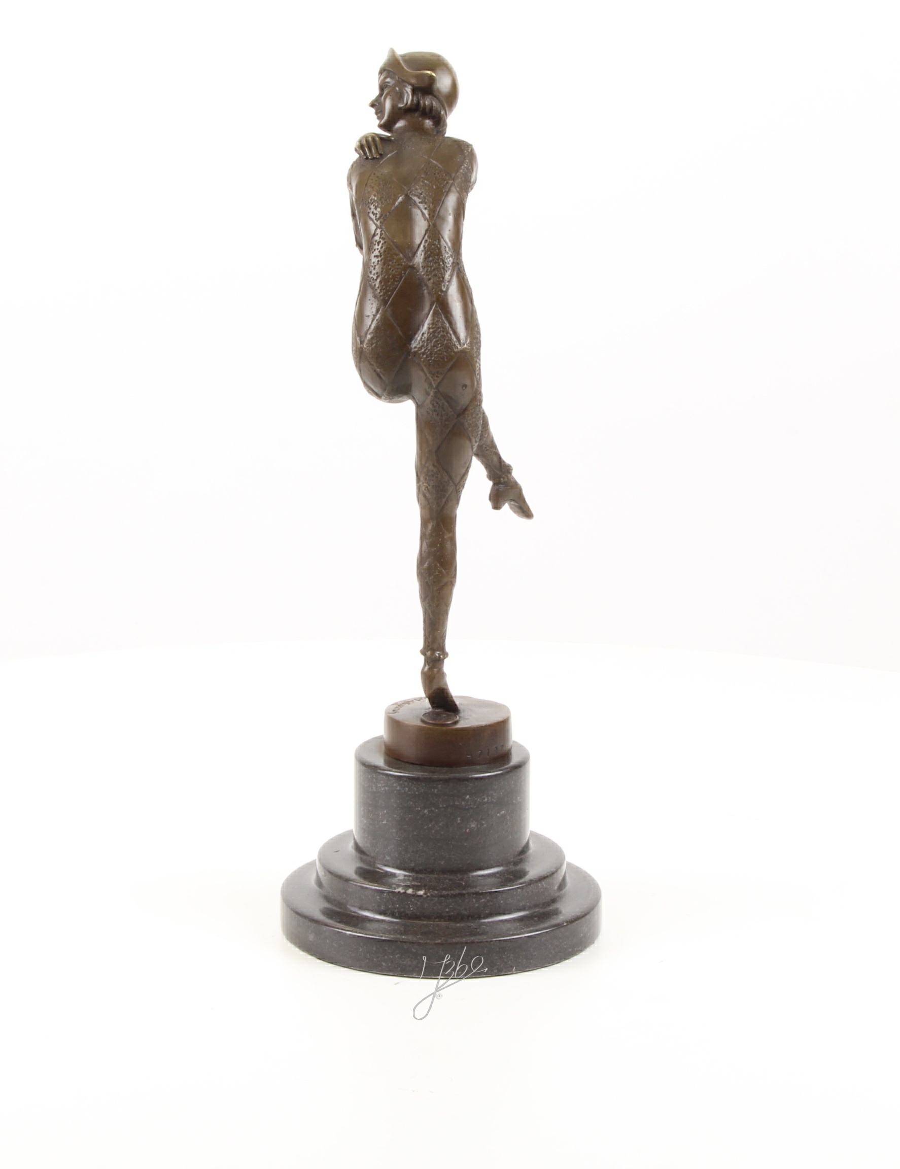 Elegante Harlekin Bronzefigur Einzigartige Bronzeskulptur auf einem Bein 6