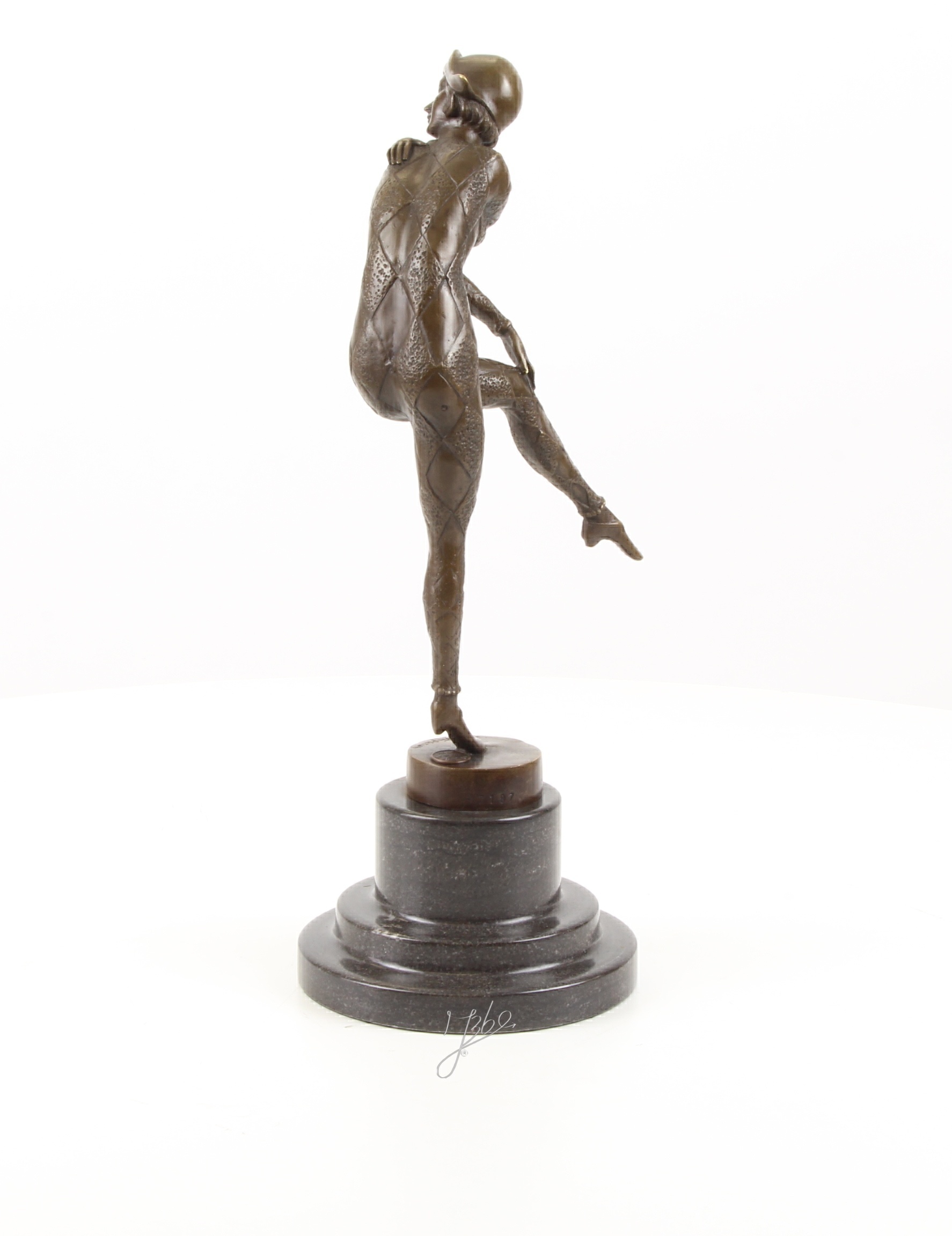 Elegante Harlekin Bronzefigur Einzigartige Bronzeskulptur auf einem Bein 8