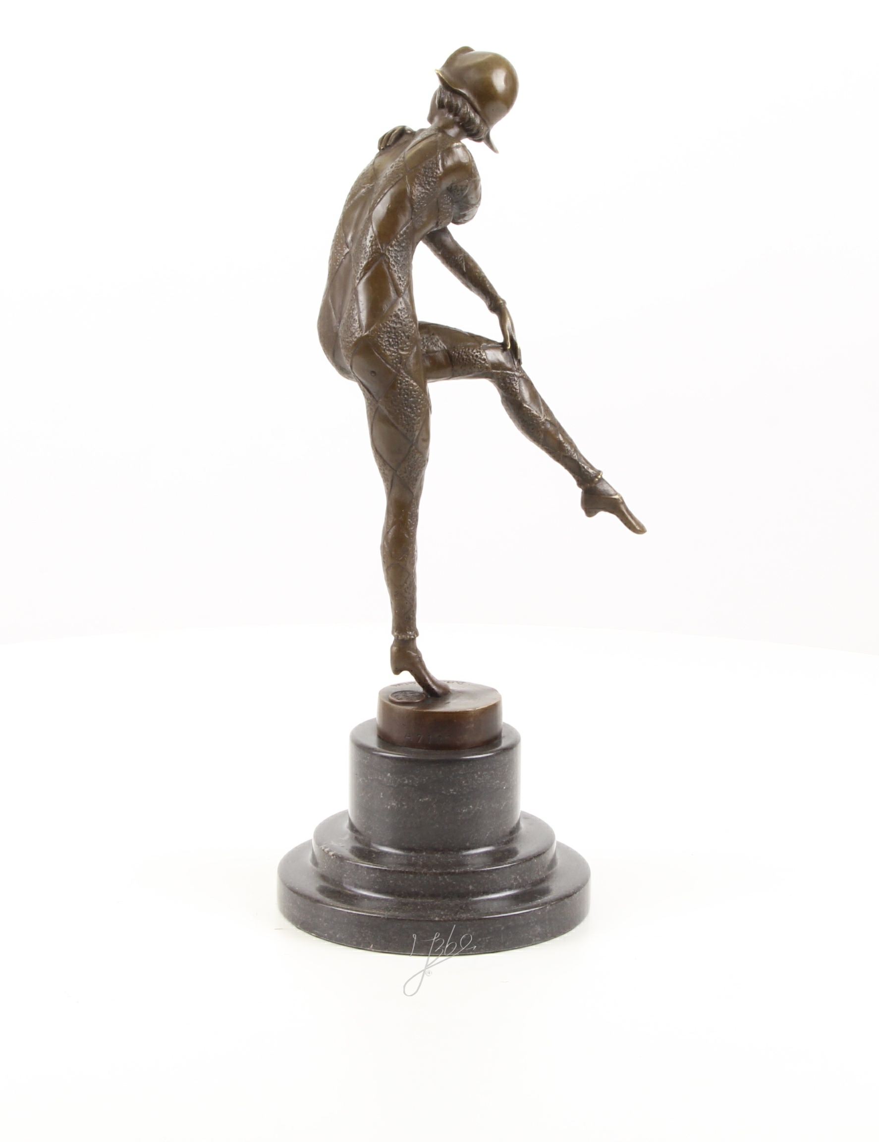 Elegante Harlekin Bronzefigur Einzigartige Bronzeskulptur auf einem Bein 9