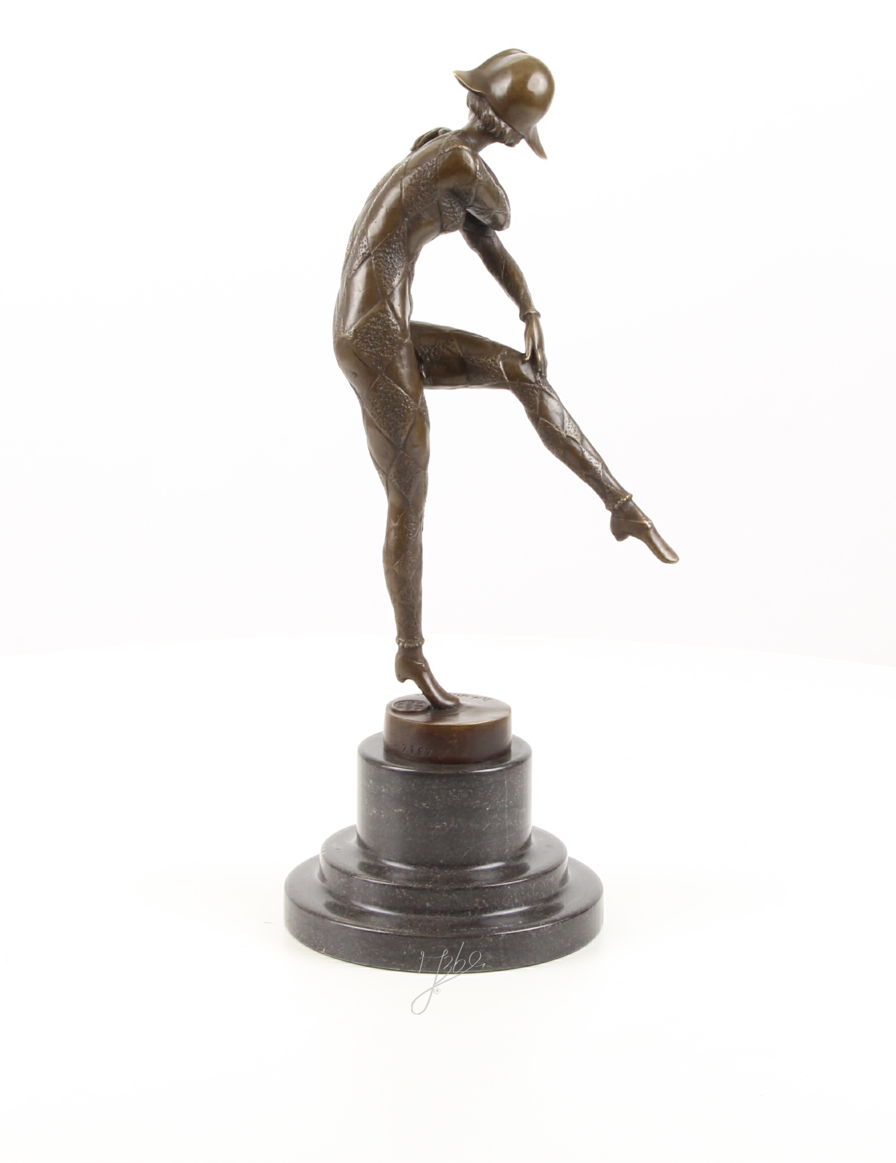 Elegante Harlekin Bronzefigur Einzigartige Bronzeskulptur auf einem Bein 7