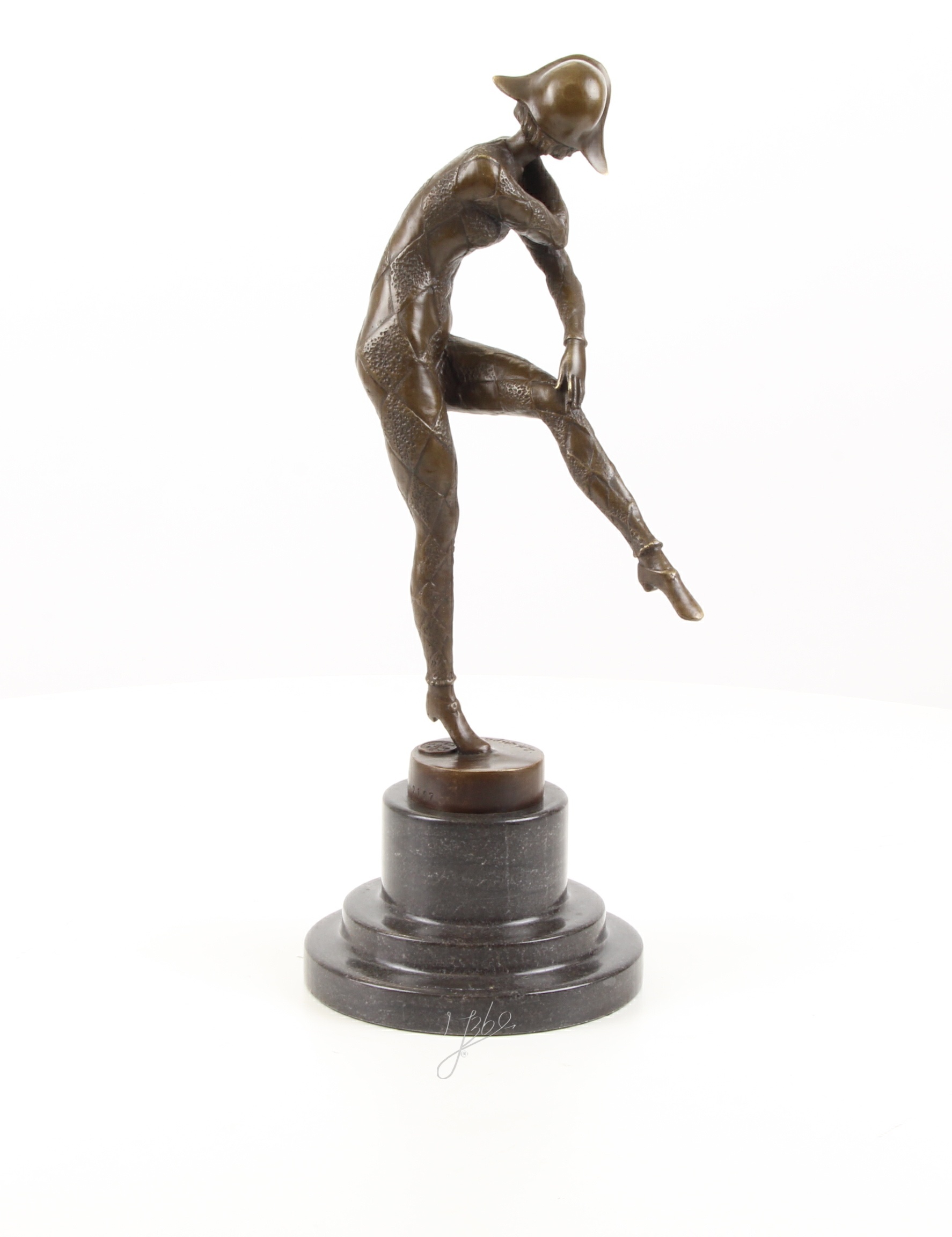 Elegante Harlekin Bronzefigur Einzigartige Bronzeskulptur auf einem Bein 10
