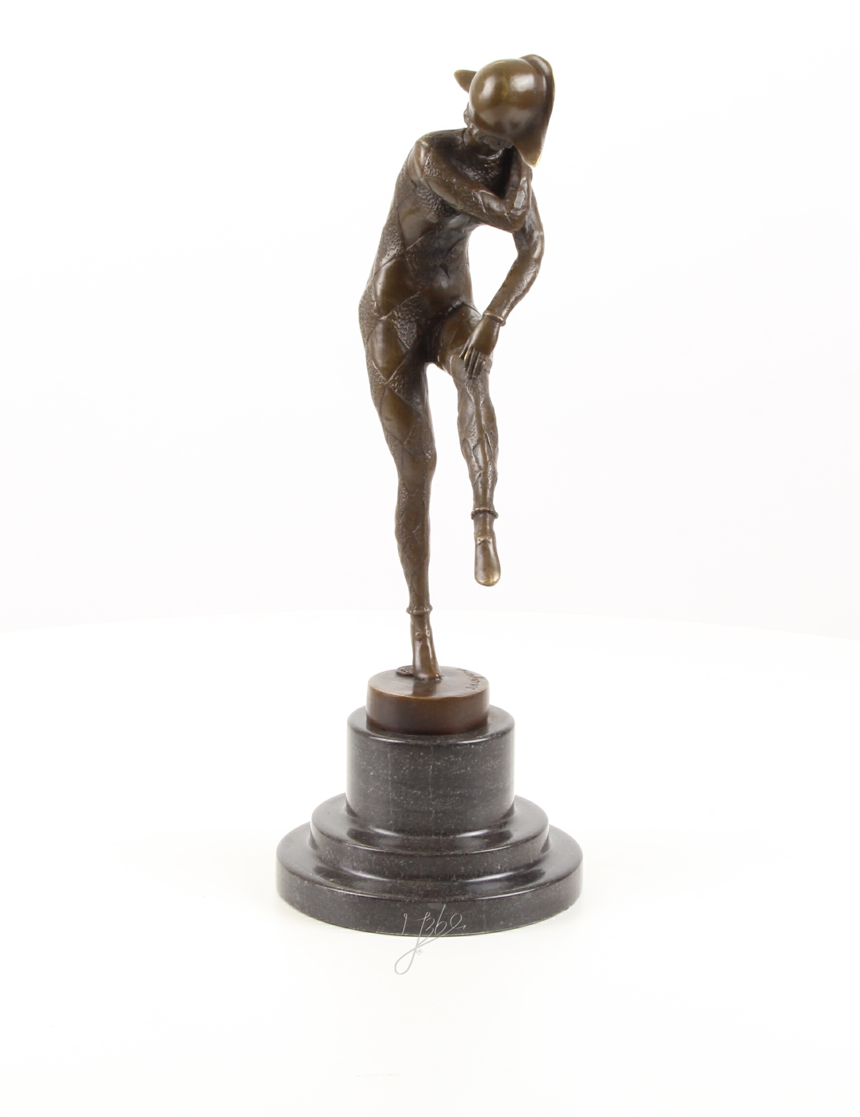 Elegante Harlekin Bronzefigur Einzigartige Bronzeskulptur auf einem Bein 13