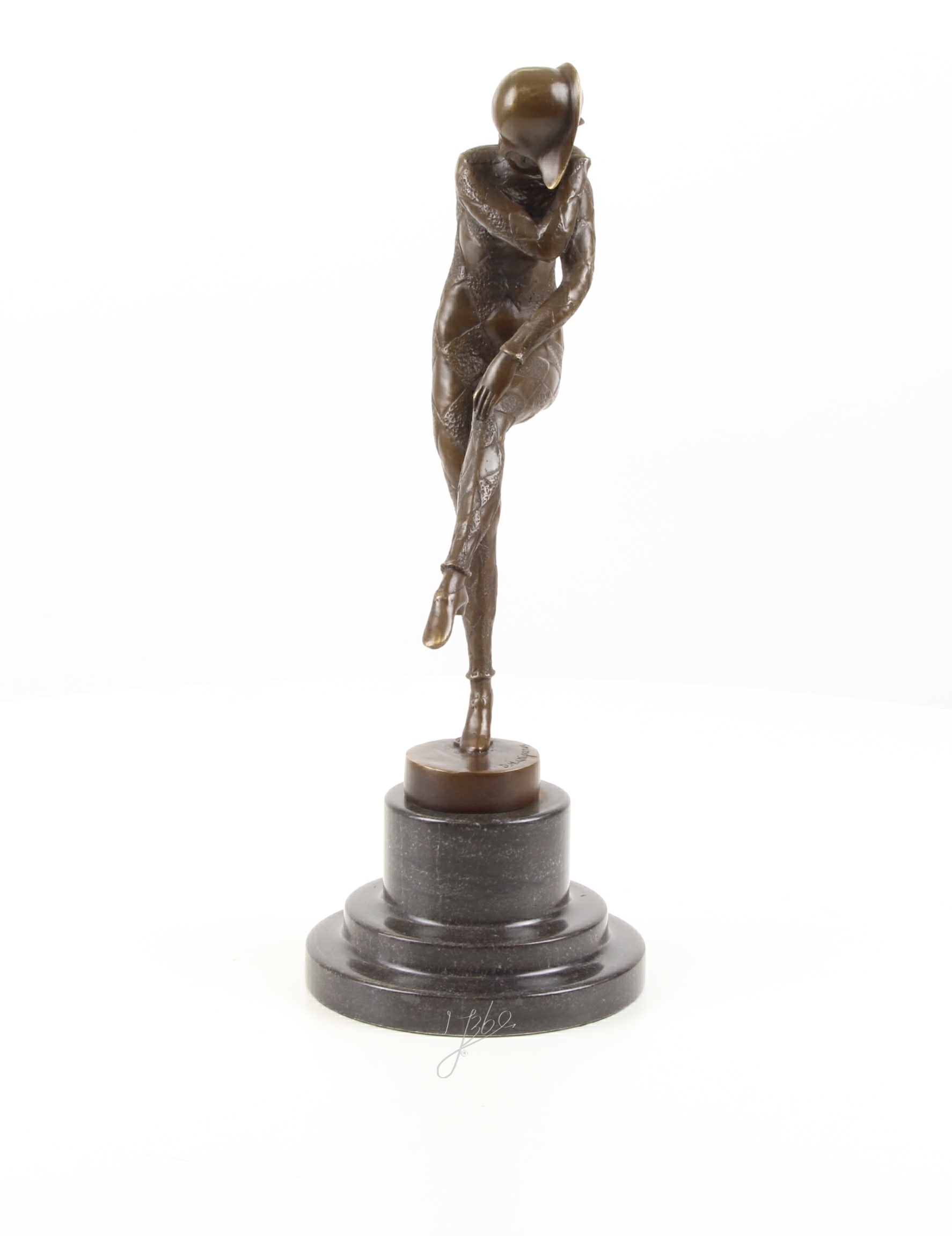 Elegante Harlekin Bronzefigur Einzigartige Bronzeskulptur auf einem Bein 17