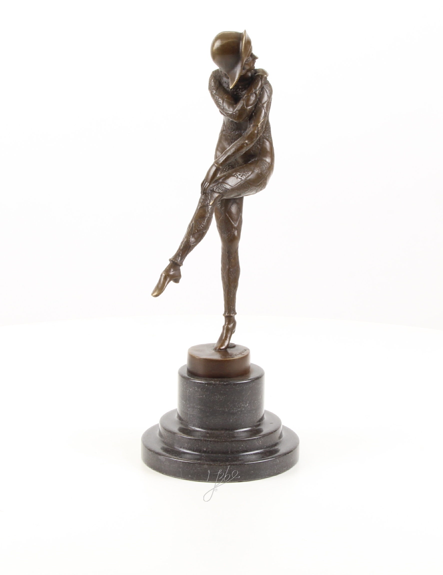 Elegante Harlekin Bronzefigur Einzigartige Bronzeskulptur auf einem Bein 14