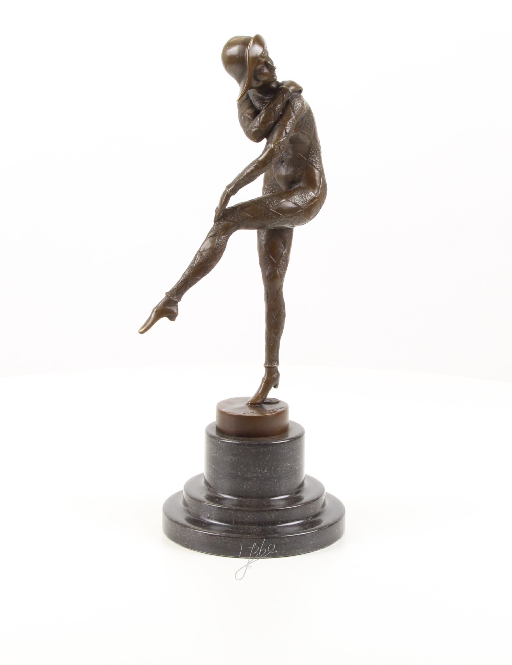 Elegante Harlekin Bronzefigur Einzigartige Bronzeskulptur auf einem Bein 15