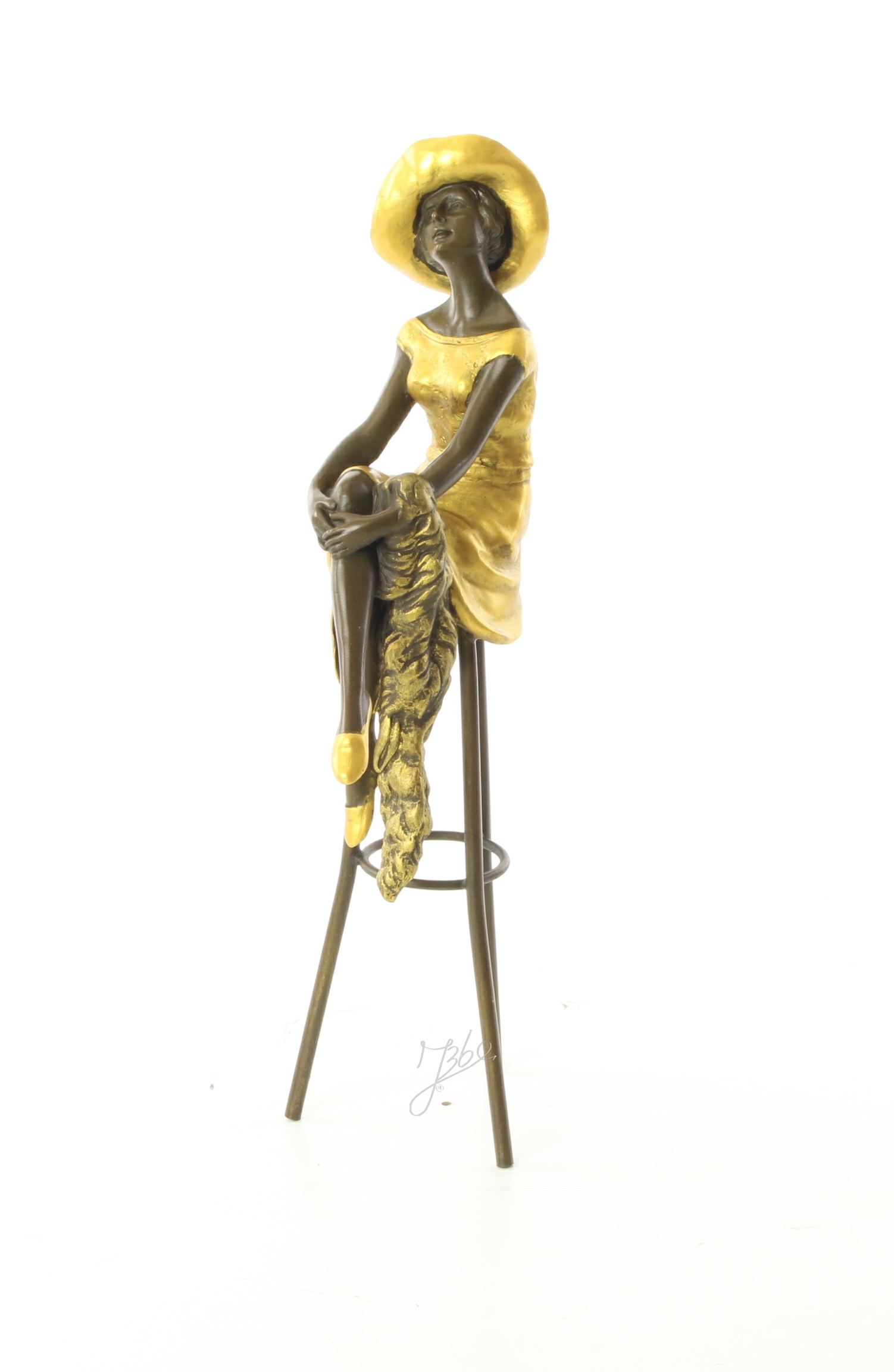Elegante Bronzefigur Sitzend an der Bar Frau auf Hocker 9