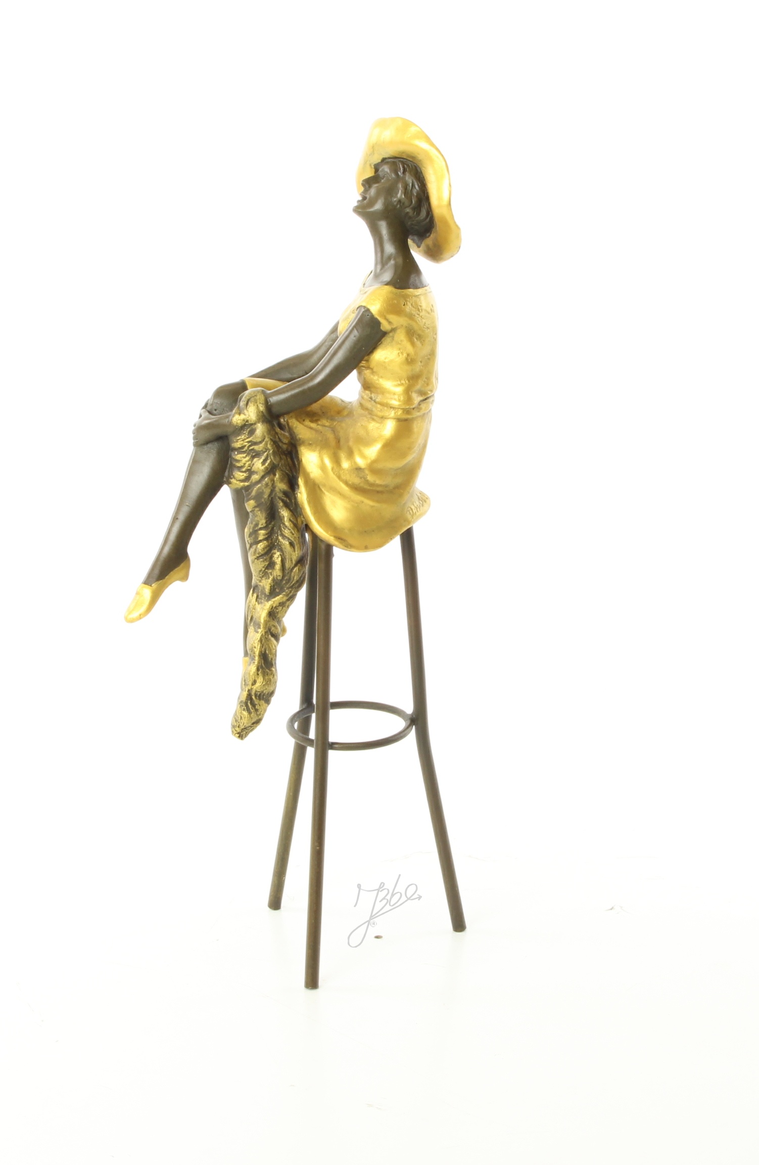 Elegante Bronzefigur Sitzend an der Bar Frau auf Hocker 6