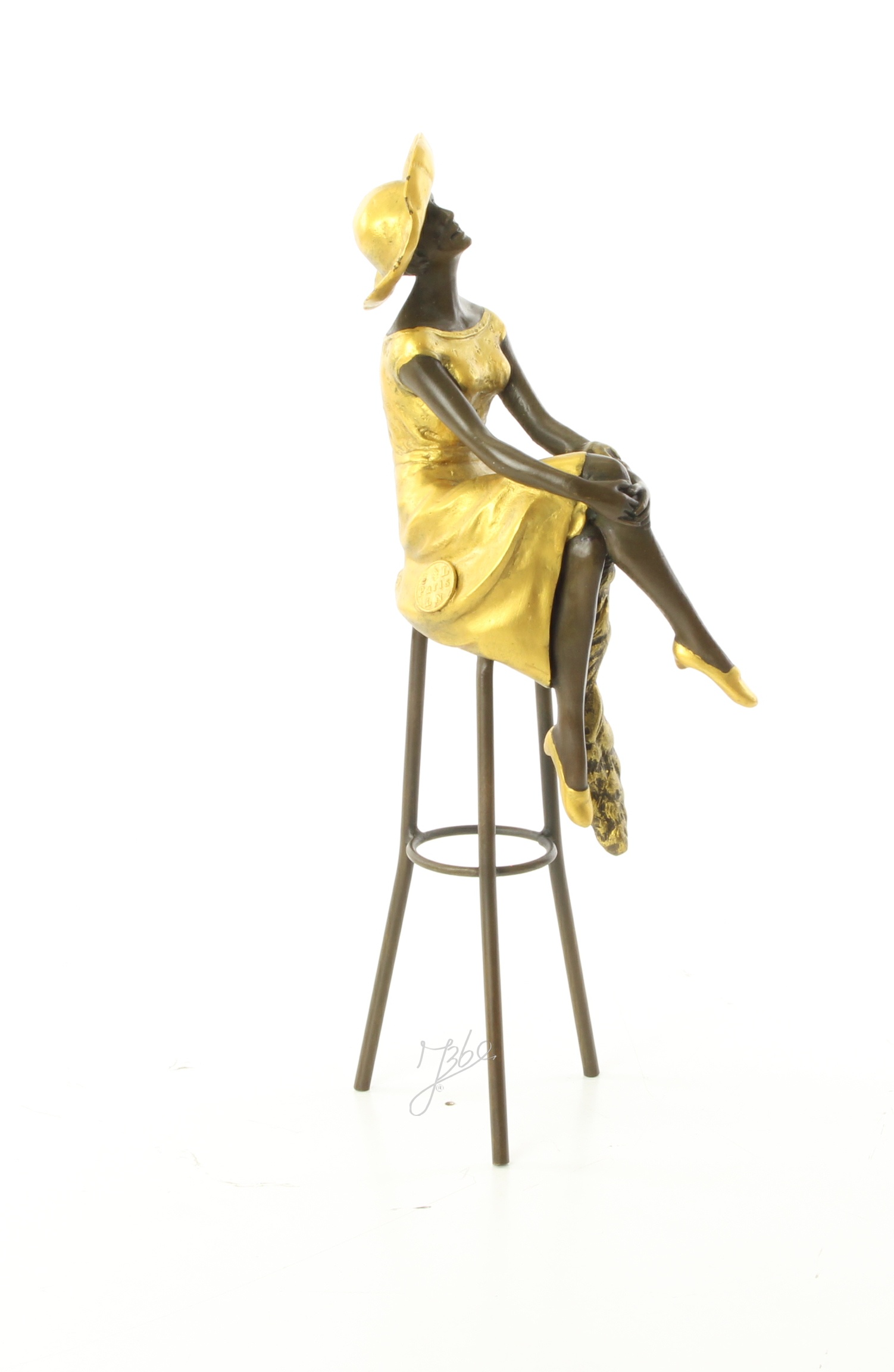 Elegante Bronzefigur Sitzend an der Bar Frau auf Hocker 13