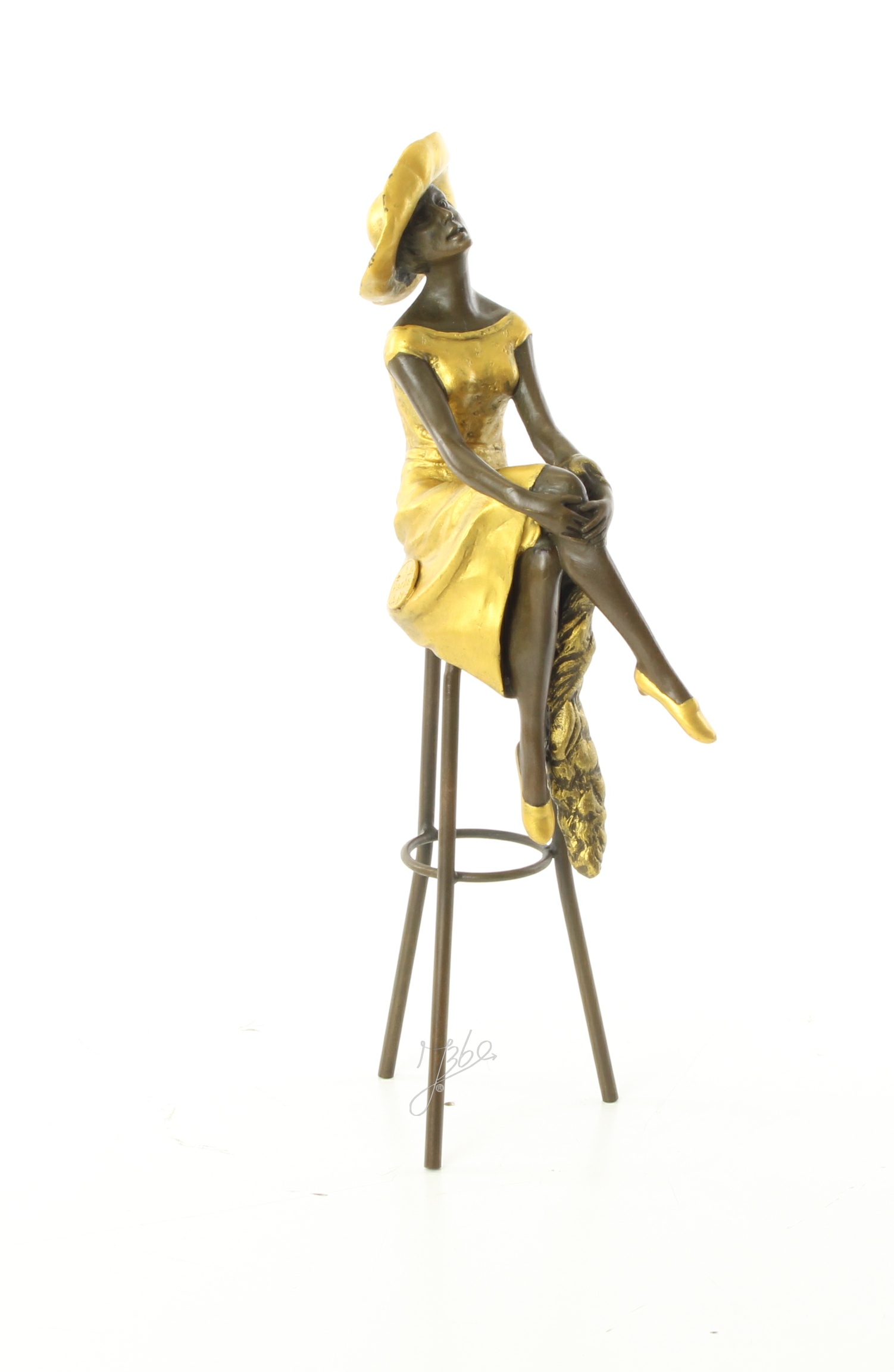 Elegante Bronzefigur Sitzend an der Bar Frau auf Hocker 17