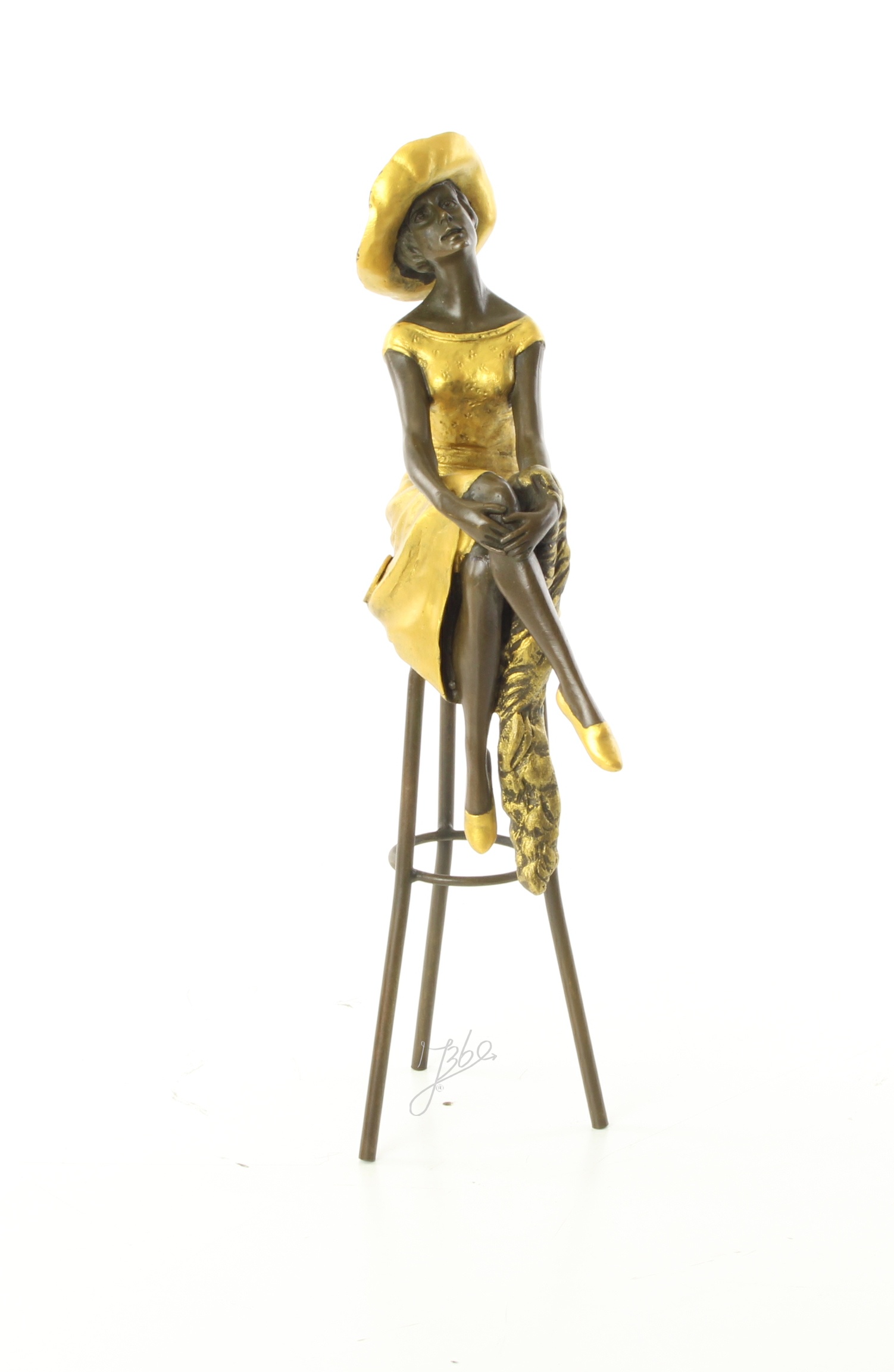 Elegante Bronzefigur Sitzend an der Bar Frau auf Hocker 14