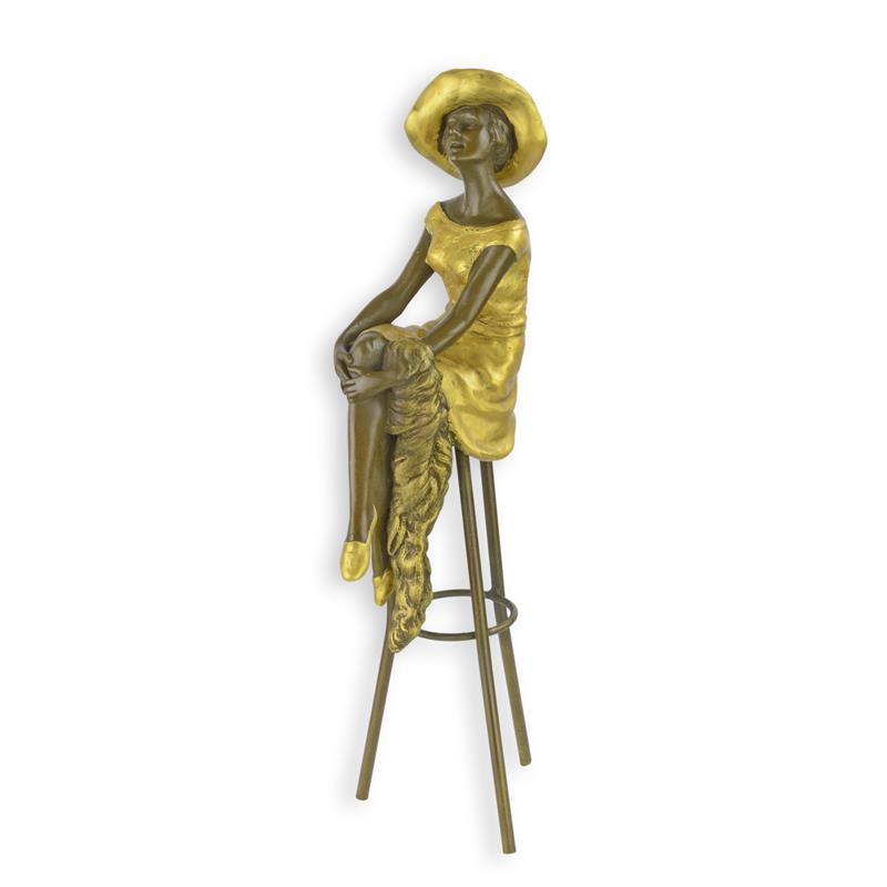 Elegante Bronzefigur Sitzend an der Bar Frau auf Hocker 2