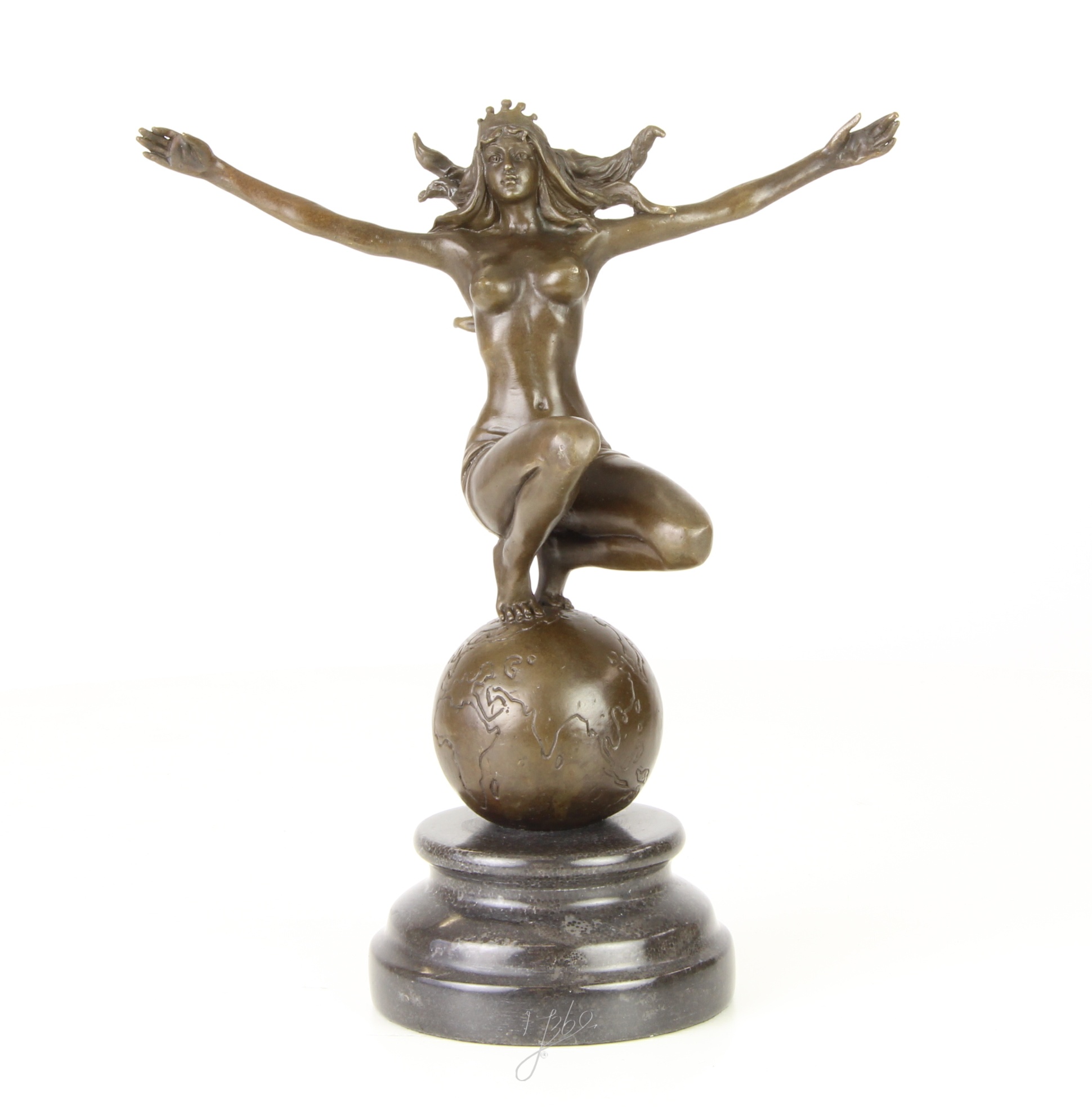 Elegante Bronze Frauenskulptur mit Krone auf Weltkugel entdecken 3