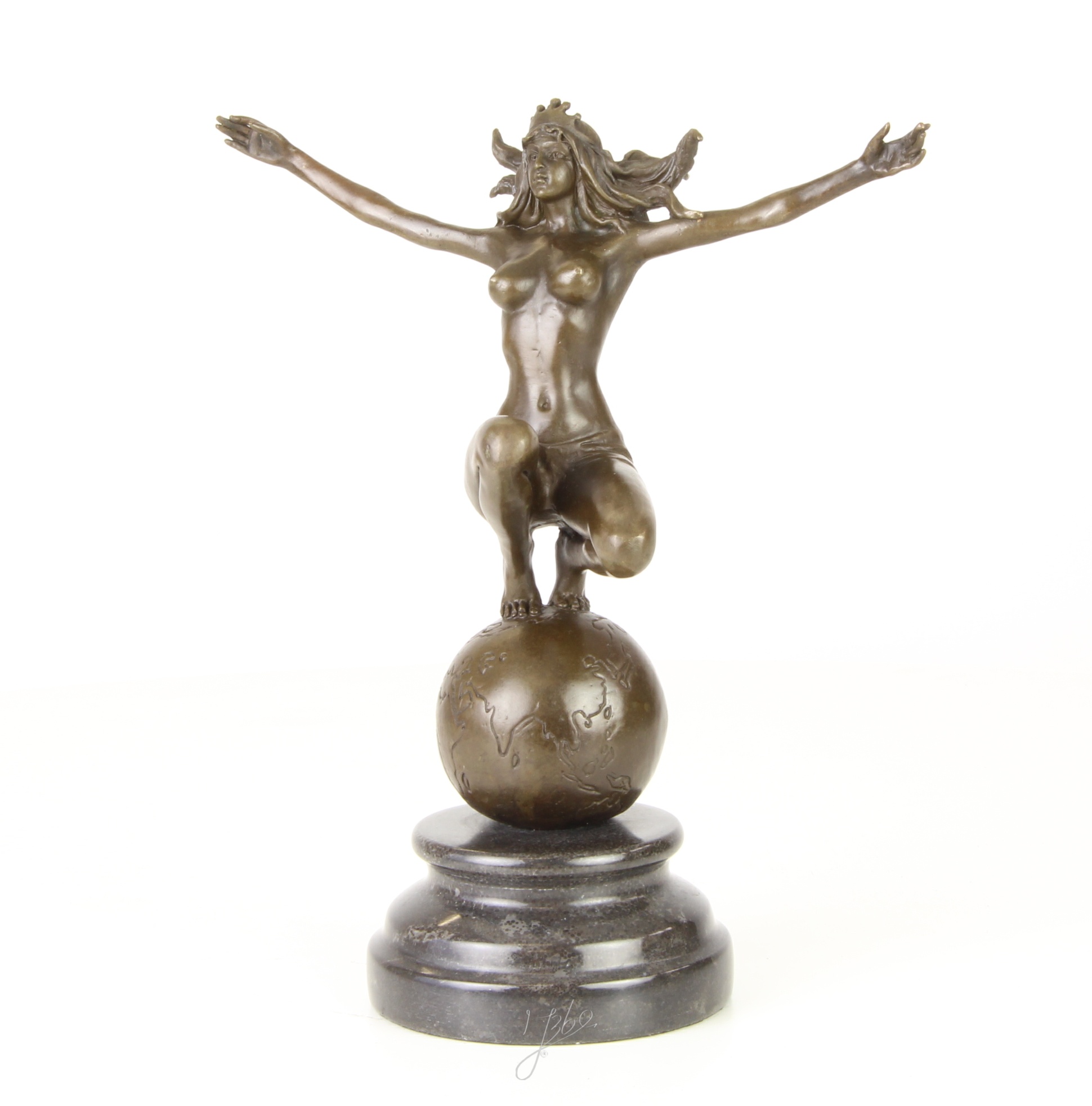 Elegante Bronze Frauenskulptur mit Krone auf Weltkugel entdecken 5
