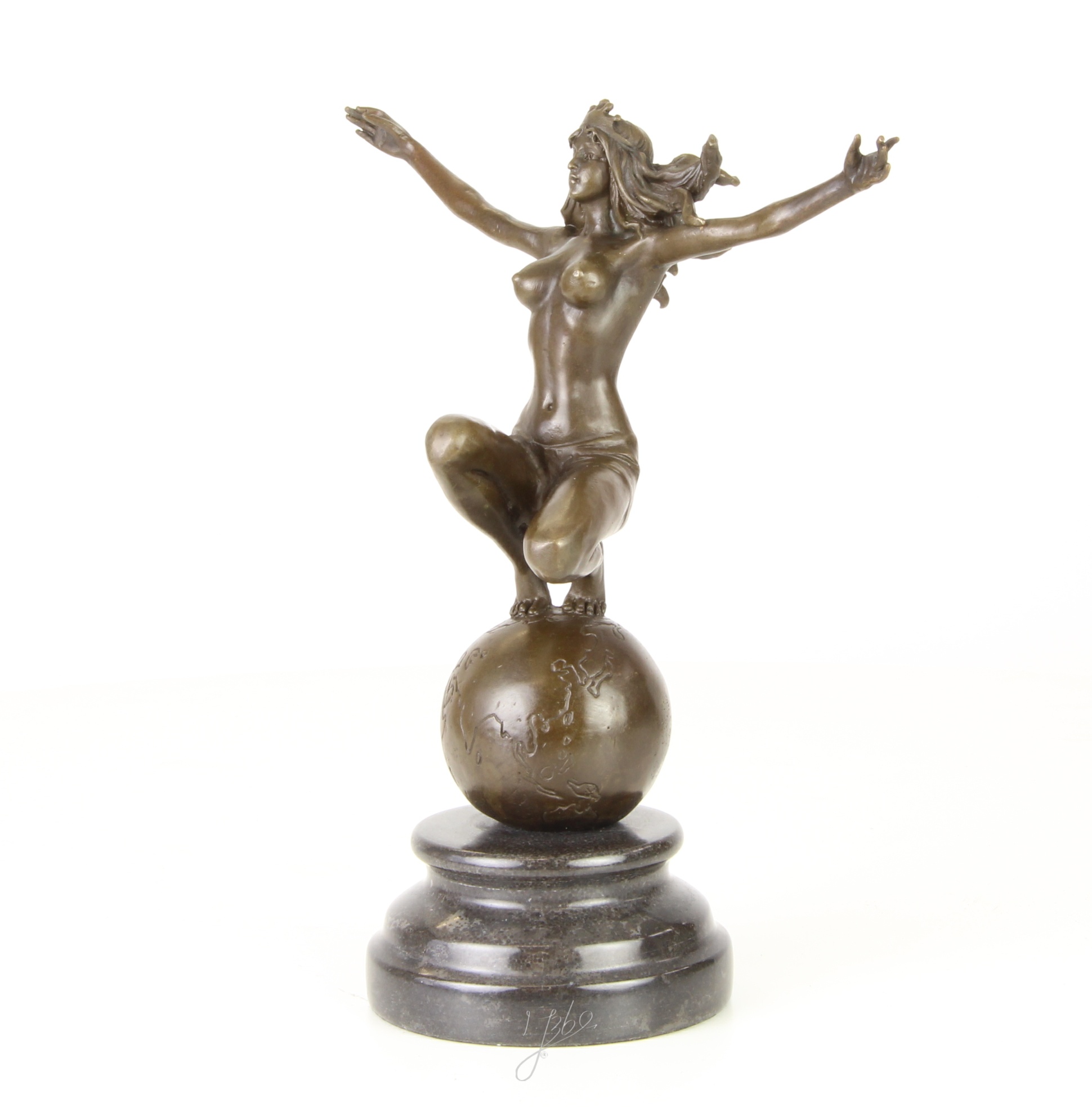 Elegante Bronze Frauenskulptur mit Krone auf Weltkugel entdecken 10